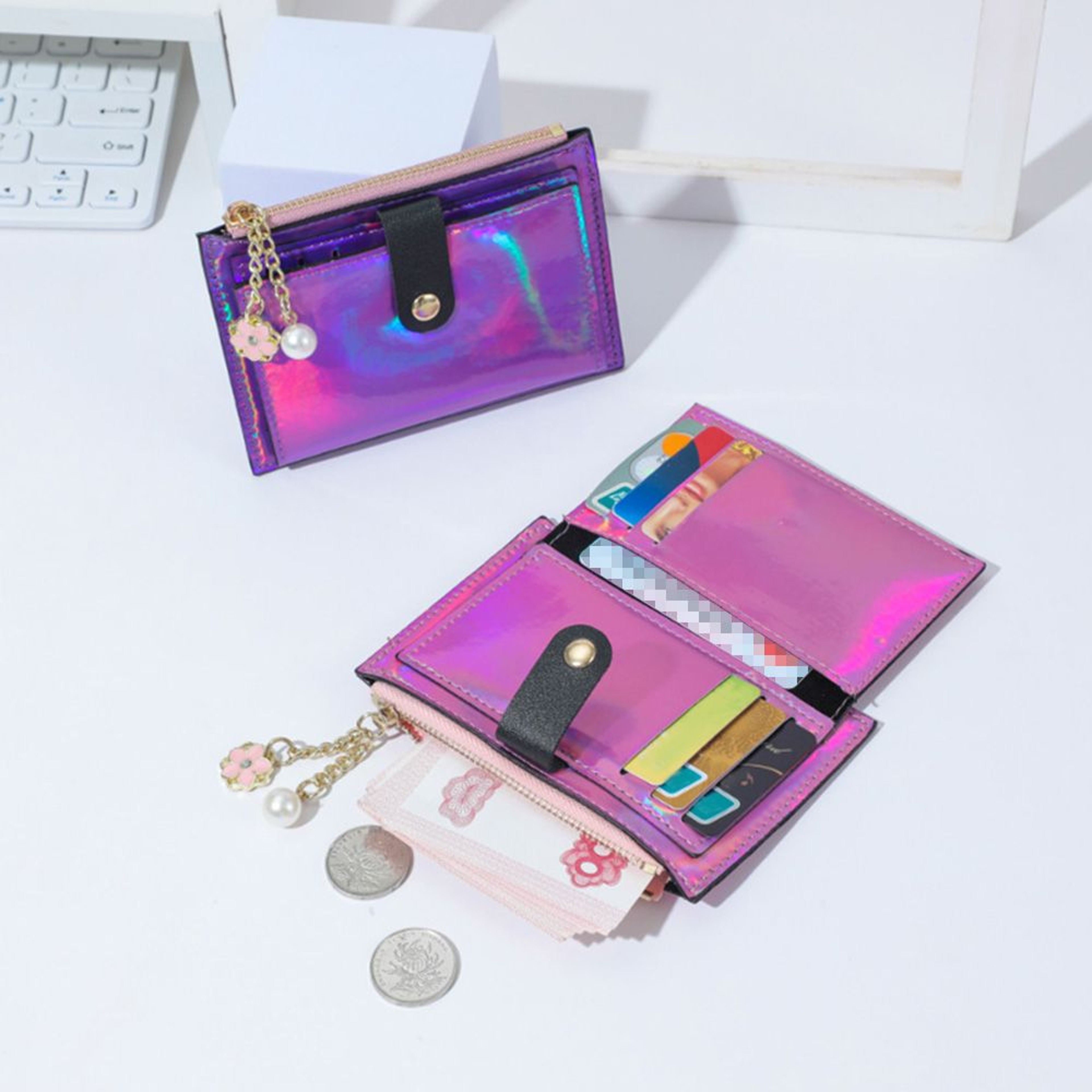 Laser Colorful Card Holder, Coin Purse, Women Fashion Short Wallet, PU Leather Zero Purse Wallet, Credit Card Holder Bag – view 2