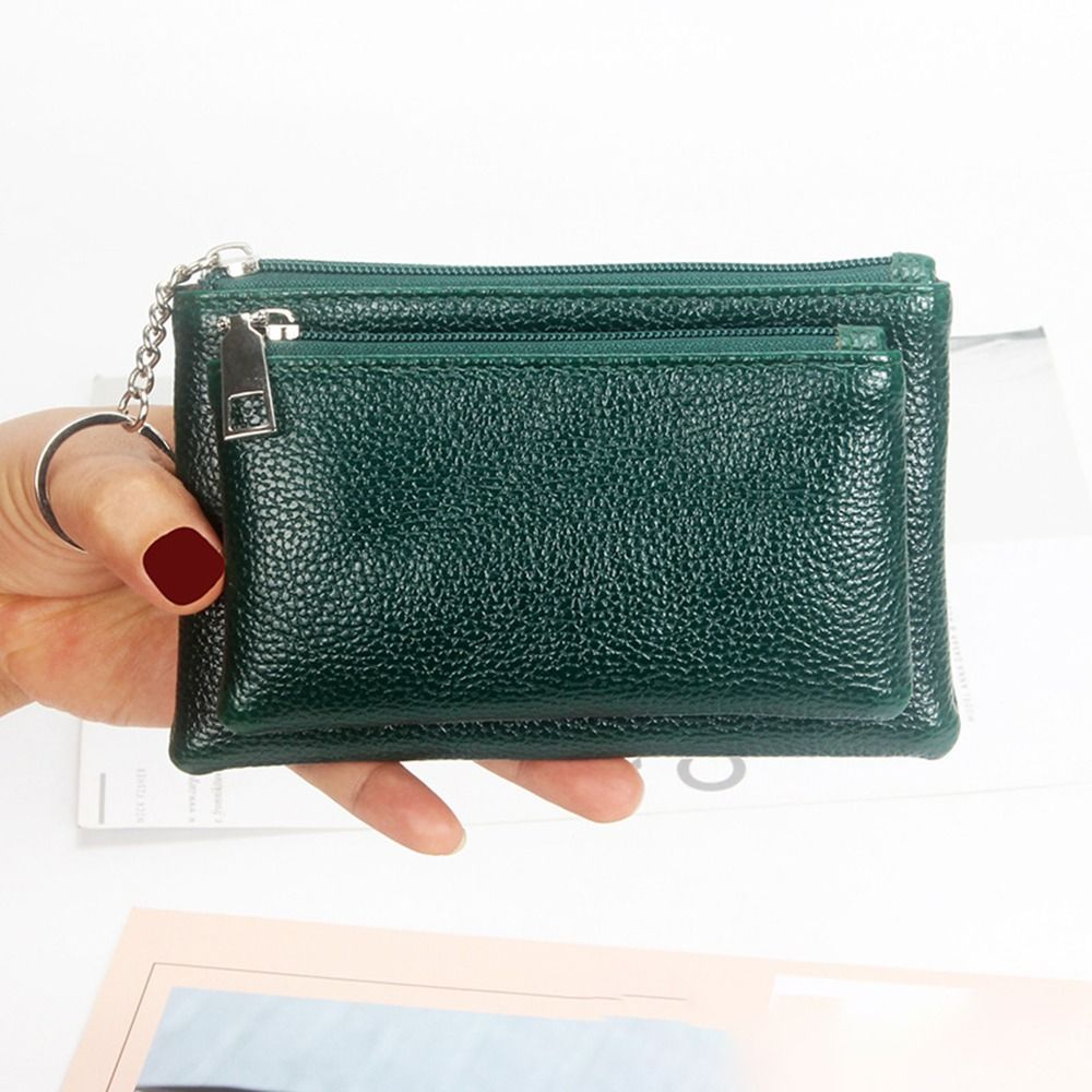 PU Leather Slim Wallet Fashion Solid Color Zipper Coin Purse Credit Card Holder Lychee Pattern Clut 5