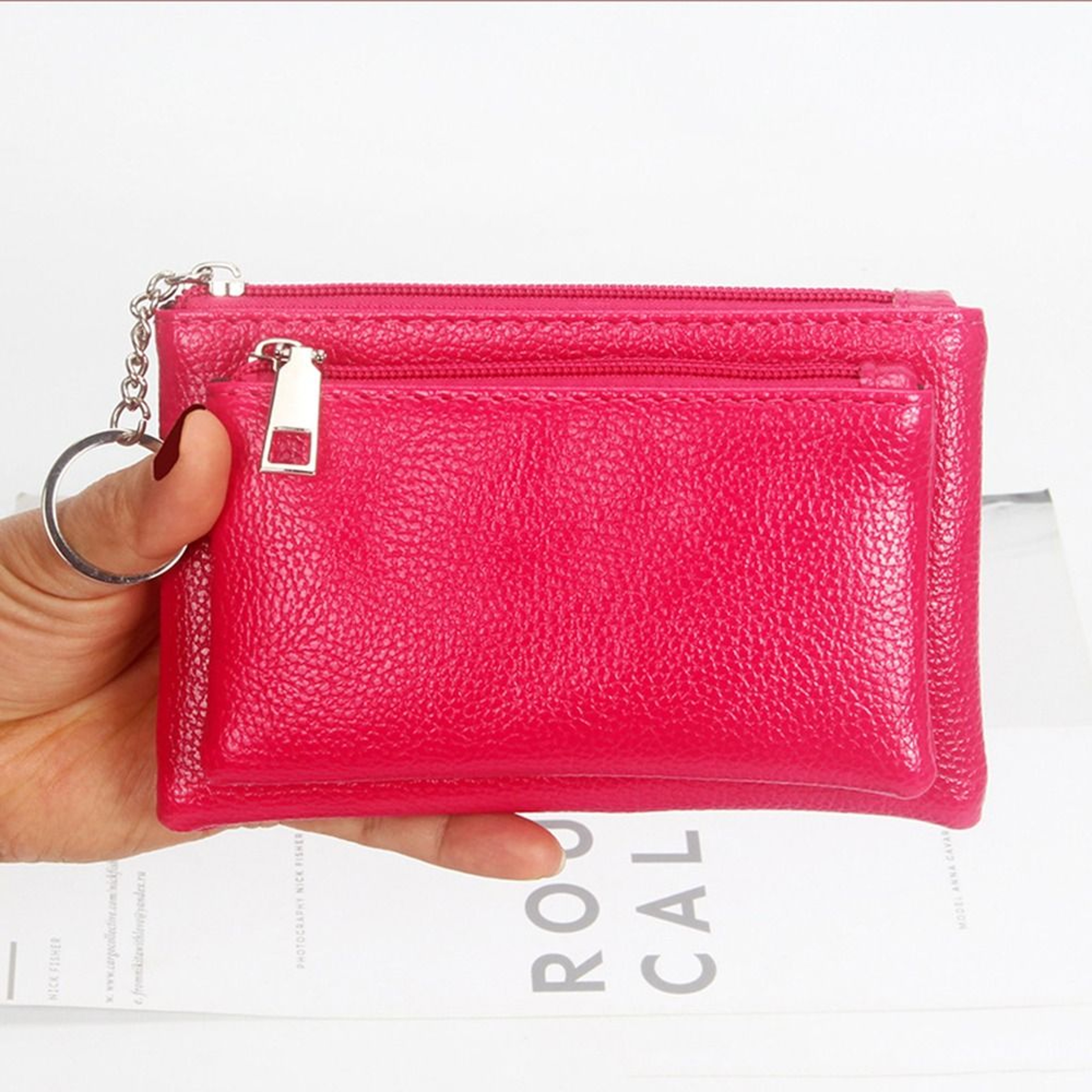 PU Leather Slim Wallet Fashion Solid Color Zipper Coin Purse Credit Card Holder Lychee Pattern Clut 7