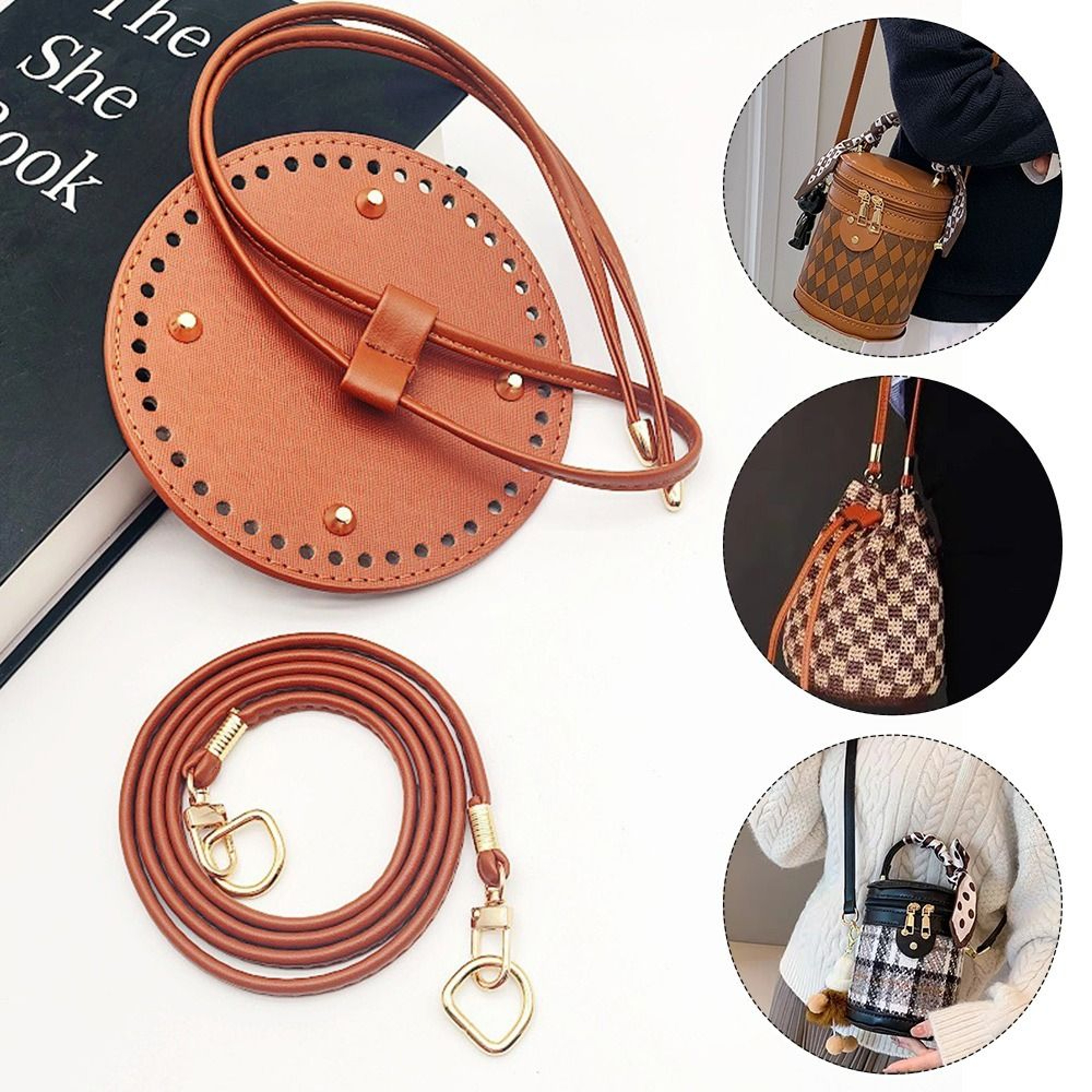Round PU Leather Crochet Bag Handmade Drawstring Accessories Woven Bag Set Durable Solid Color Bag  3