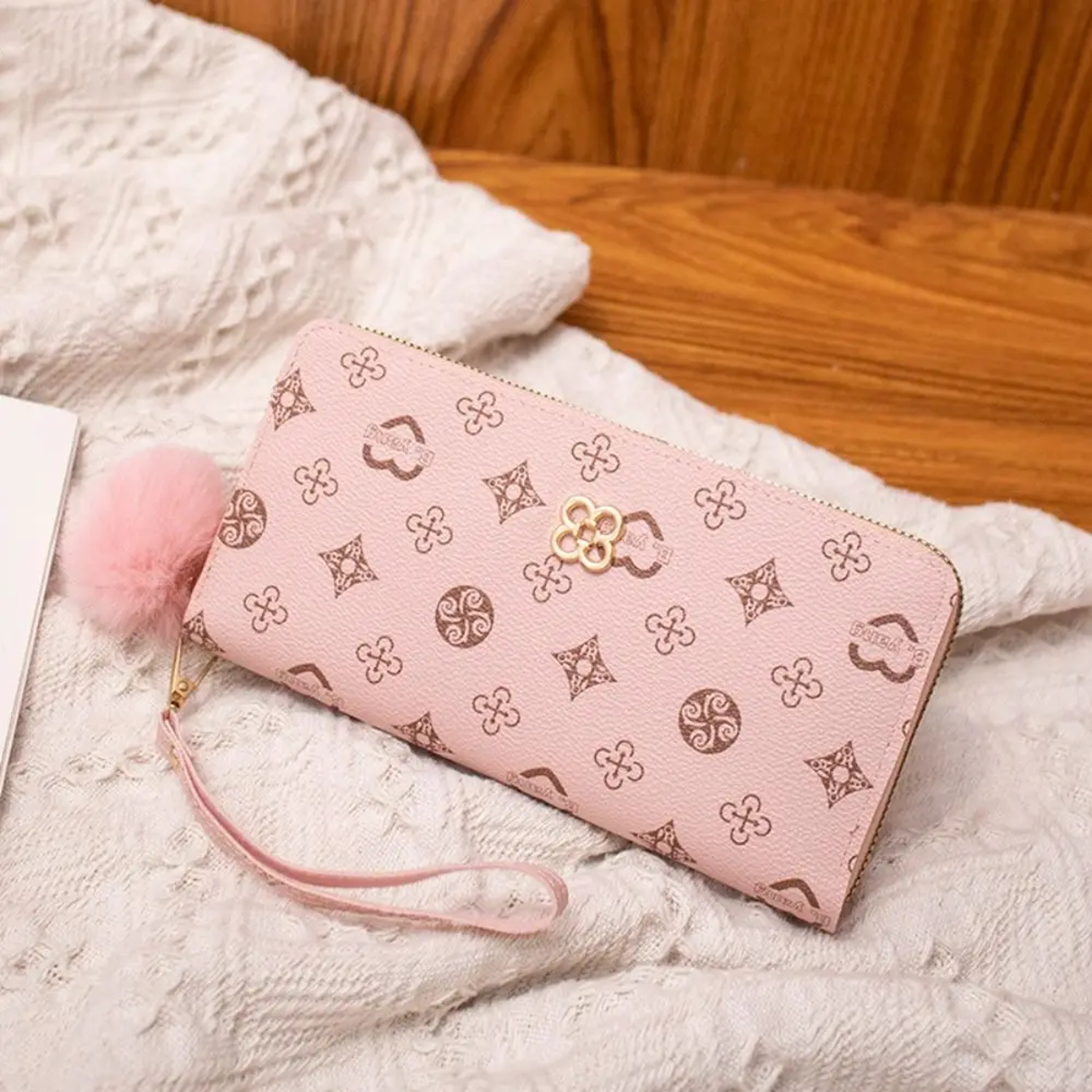 Fluffy Ball PU Leather Women Long Wallet, Portable Card Holder, Large Capacity Clutch Bag with Printed Decoration – view 7
