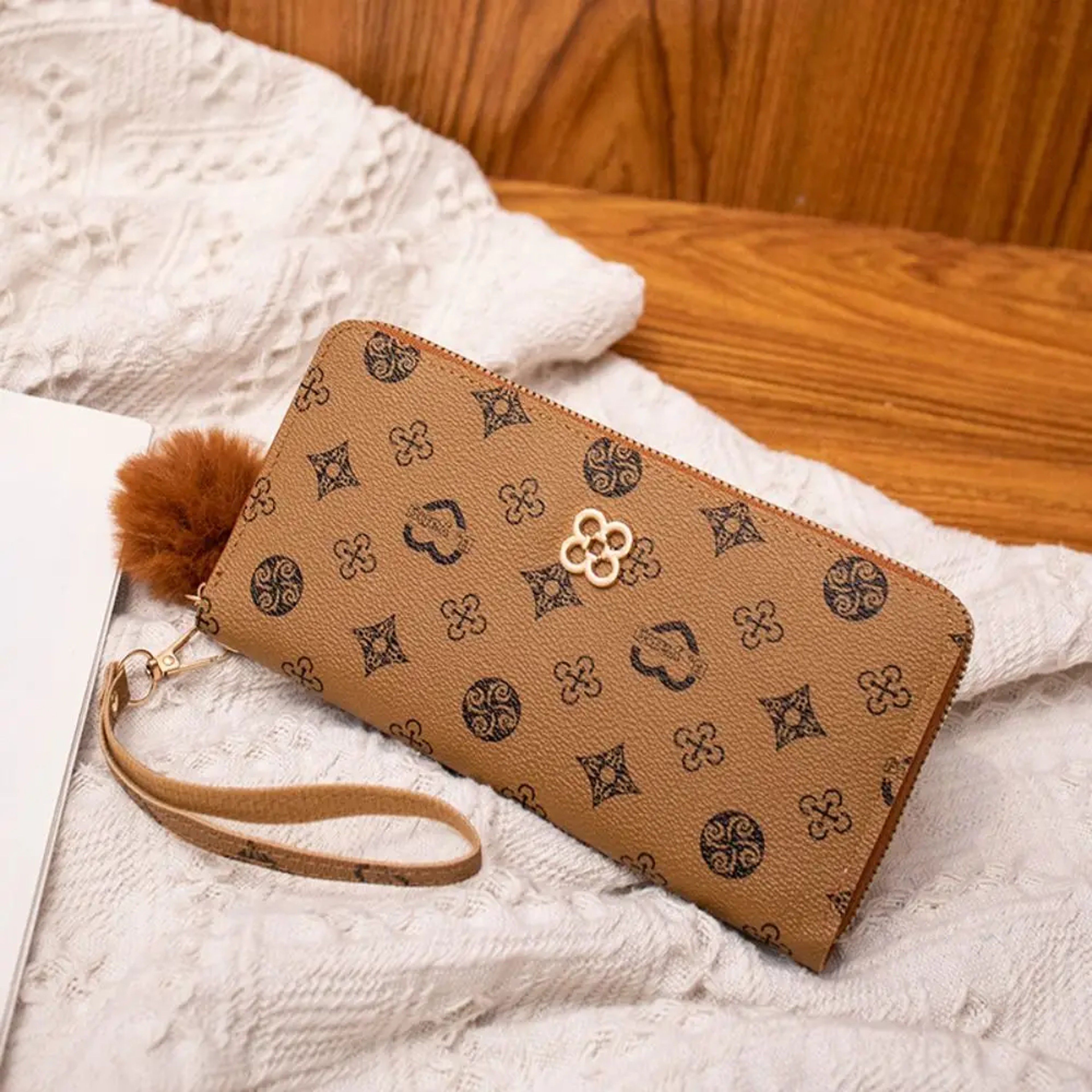 Fluffy Ball PU Leather Women Long Wallet, Portable Card Holder, Large Capacity Clutch Bag with Printed Decoration – view 8