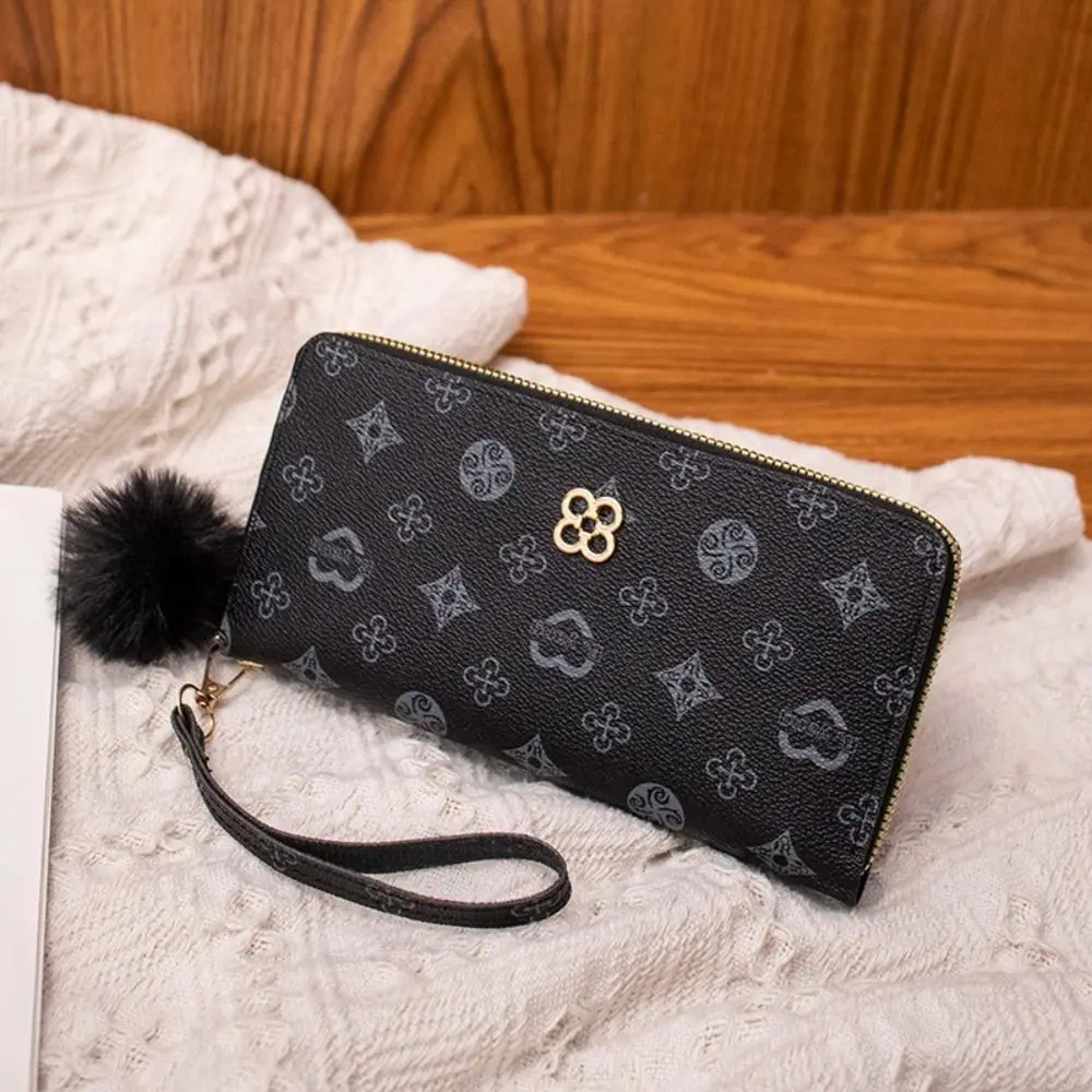 Fluffy Ball PU Leather Women Long Wallet, Portable Card Holder, Large Capacity Clutch Bag with Printed Decoration – view 10