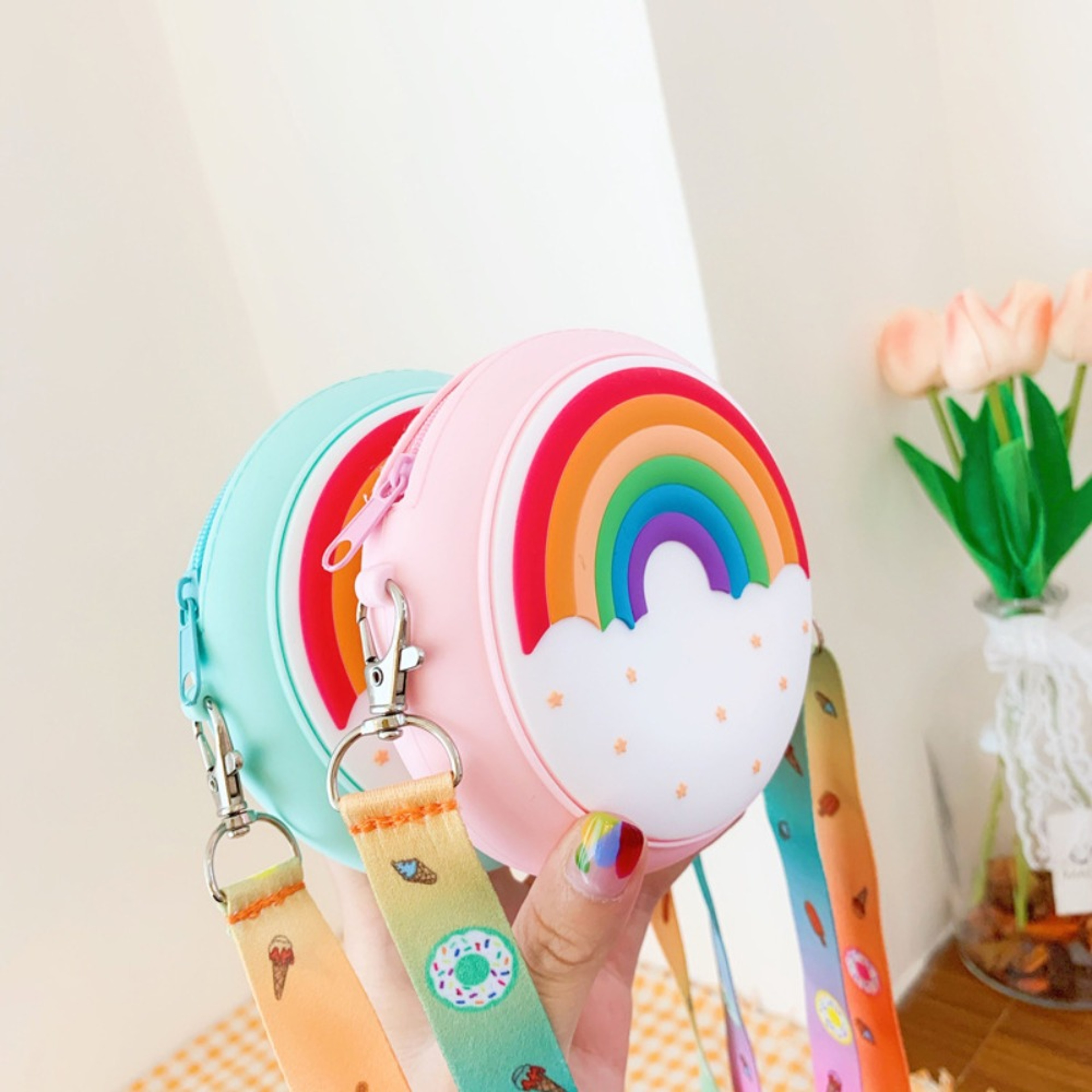 Children Silicone Crossbody Bag Rainbow Donut Small Handbag Baby Girl Adjustable Strap 3