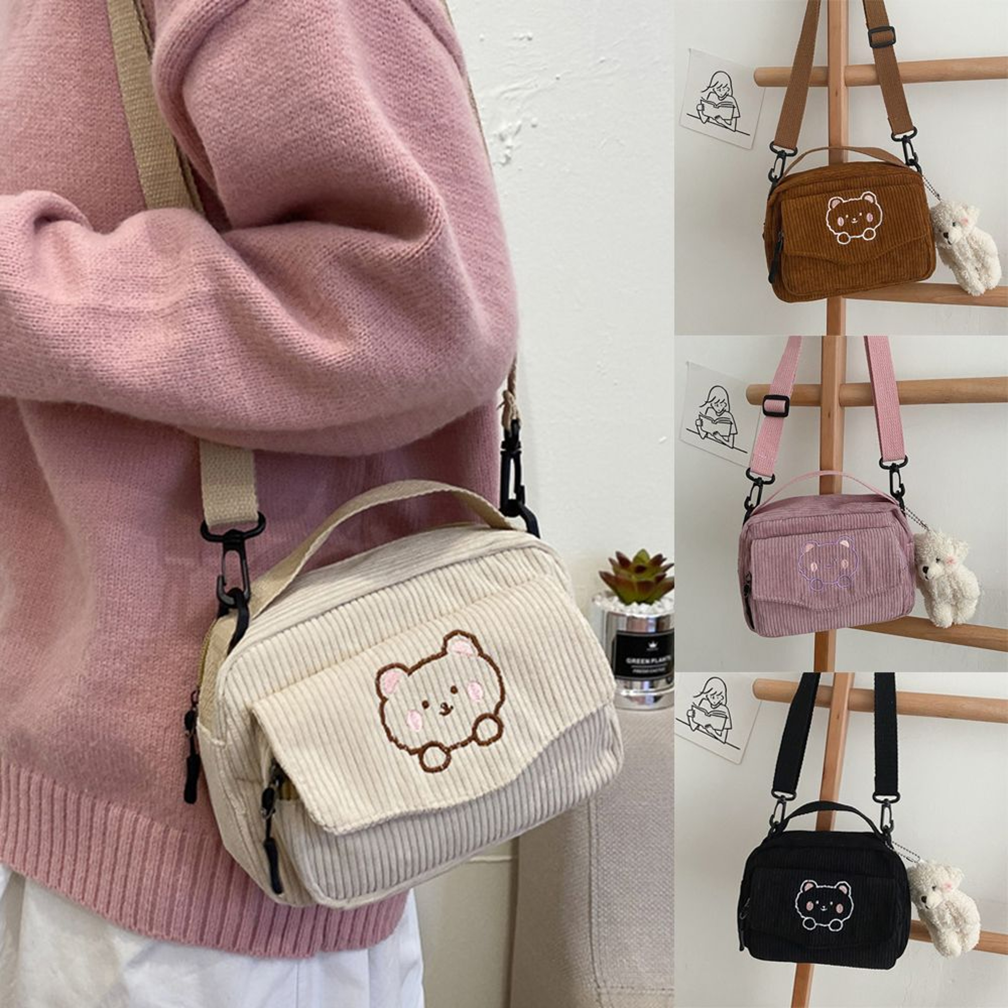 WOMENS Crossbody Bag Cute Bear Embroidered Corduroy Leisure Canvas Bag For Girls 0