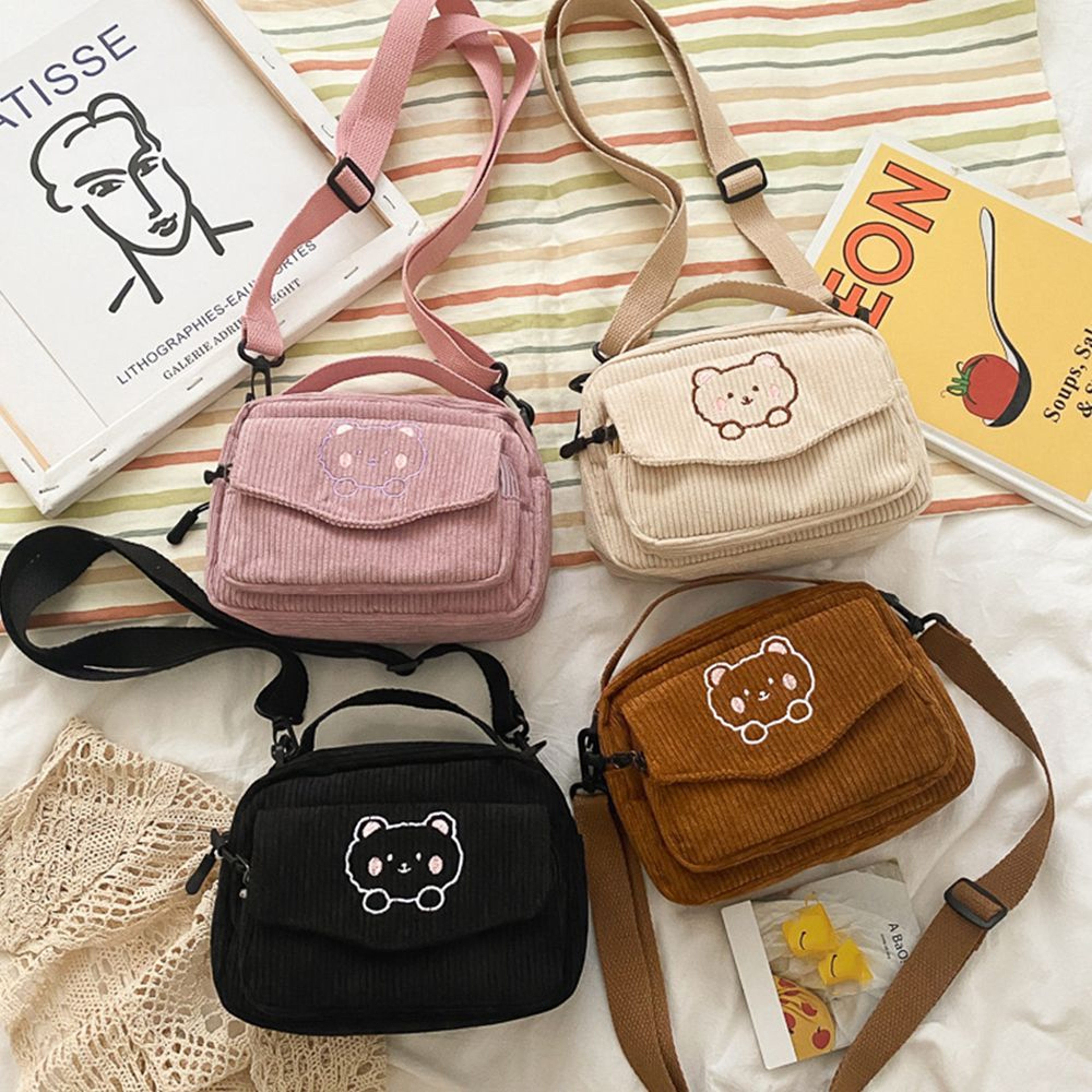 WOMENS Crossbody Bag Cute Bear Embroidered Corduroy Leisure Canvas Bag For Girls 1
