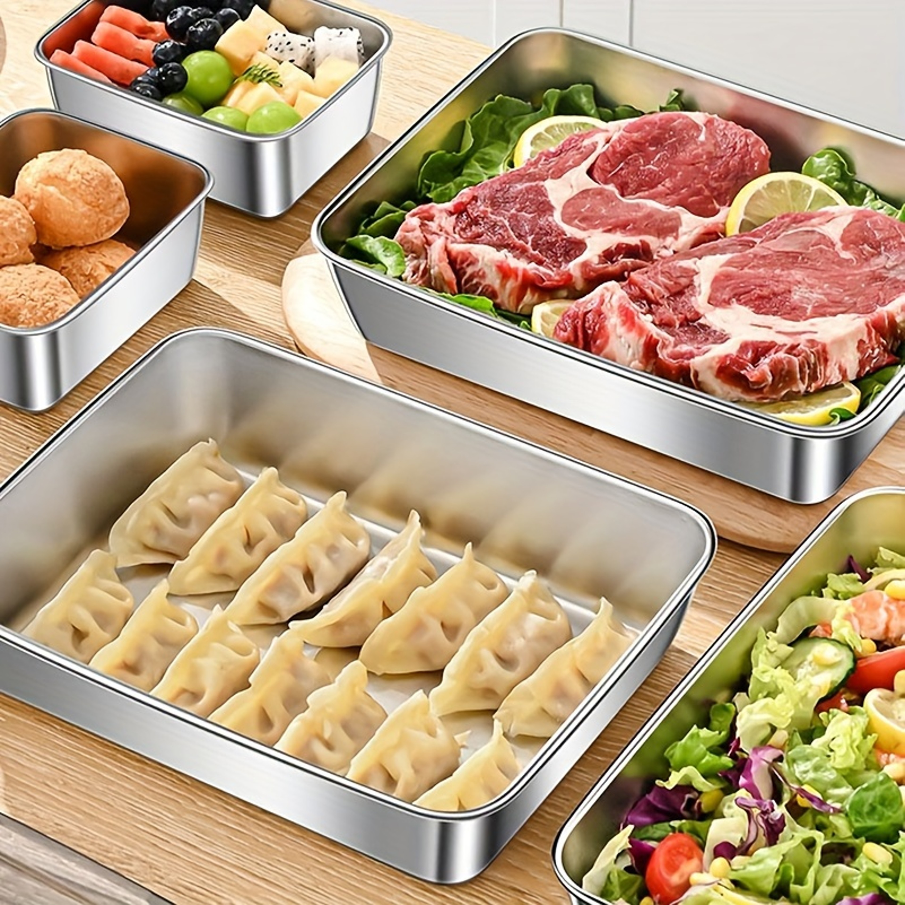 Stainless Steel Food Storage Container with Cover, Rectangle Dish, Noodles Tray, Lunch Box, Refrigerator Organizer – view 3