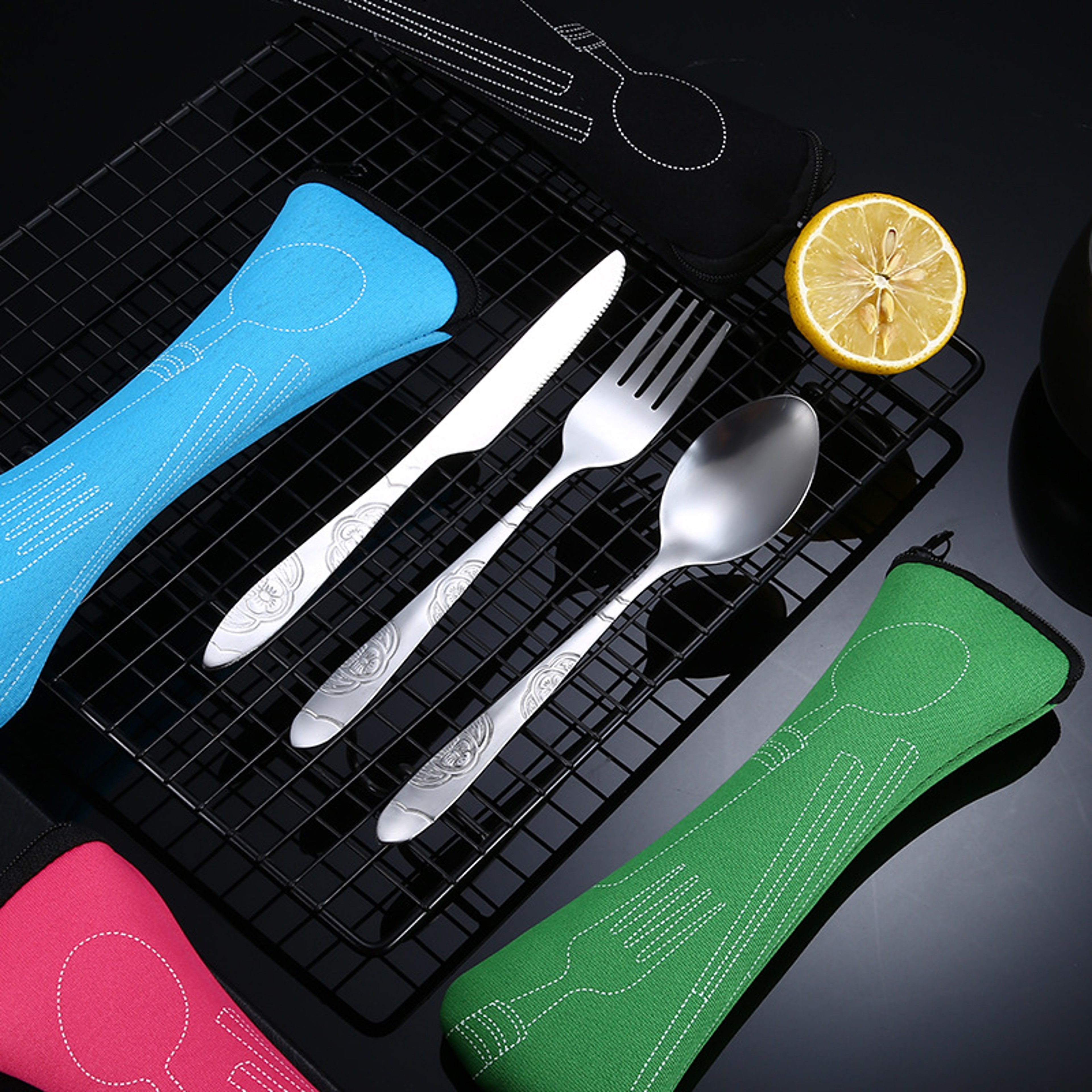 Travel Camping Spoon Picnic Set Zippered Travel Tableware Kit With Cleaning Carrying Bag For Househ 1