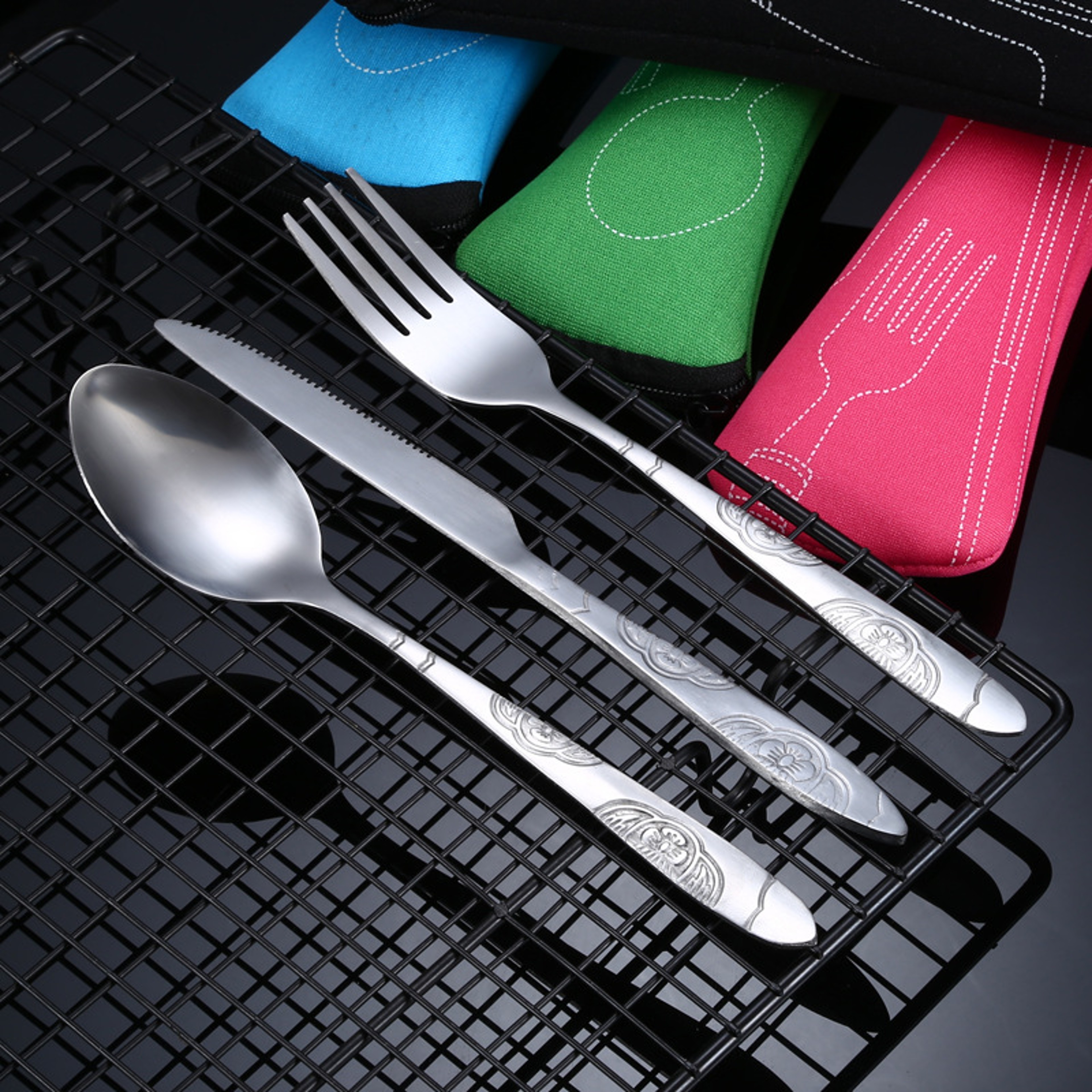 Travel Camping Spoon Picnic Set Zippered Travel Tableware Kit With Cleaning Carrying Bag For Househ 2