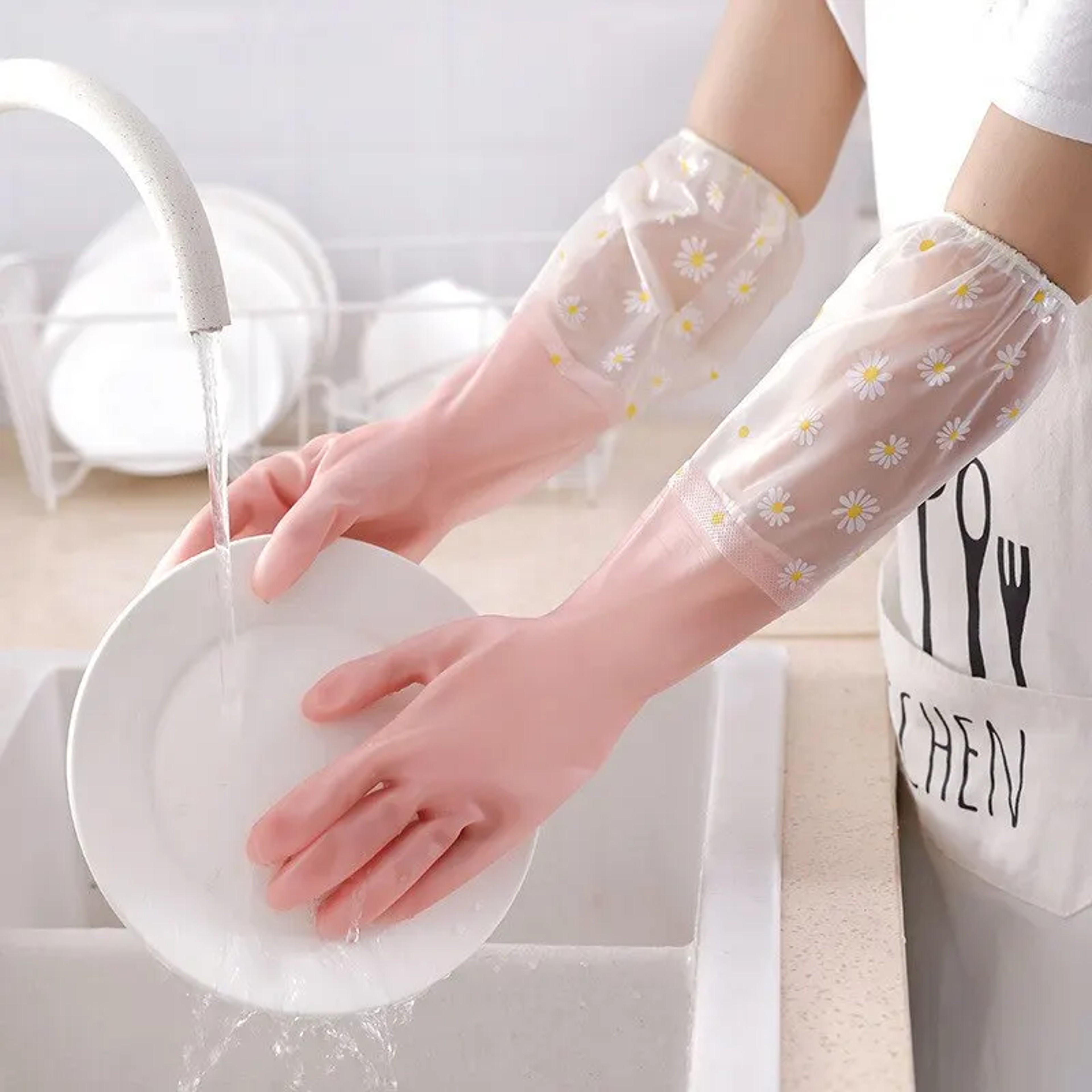 Durable Household Womens Kitchen Dishwashing Gloves Extended Waterproof Cleaning Rubber Gloves For  3