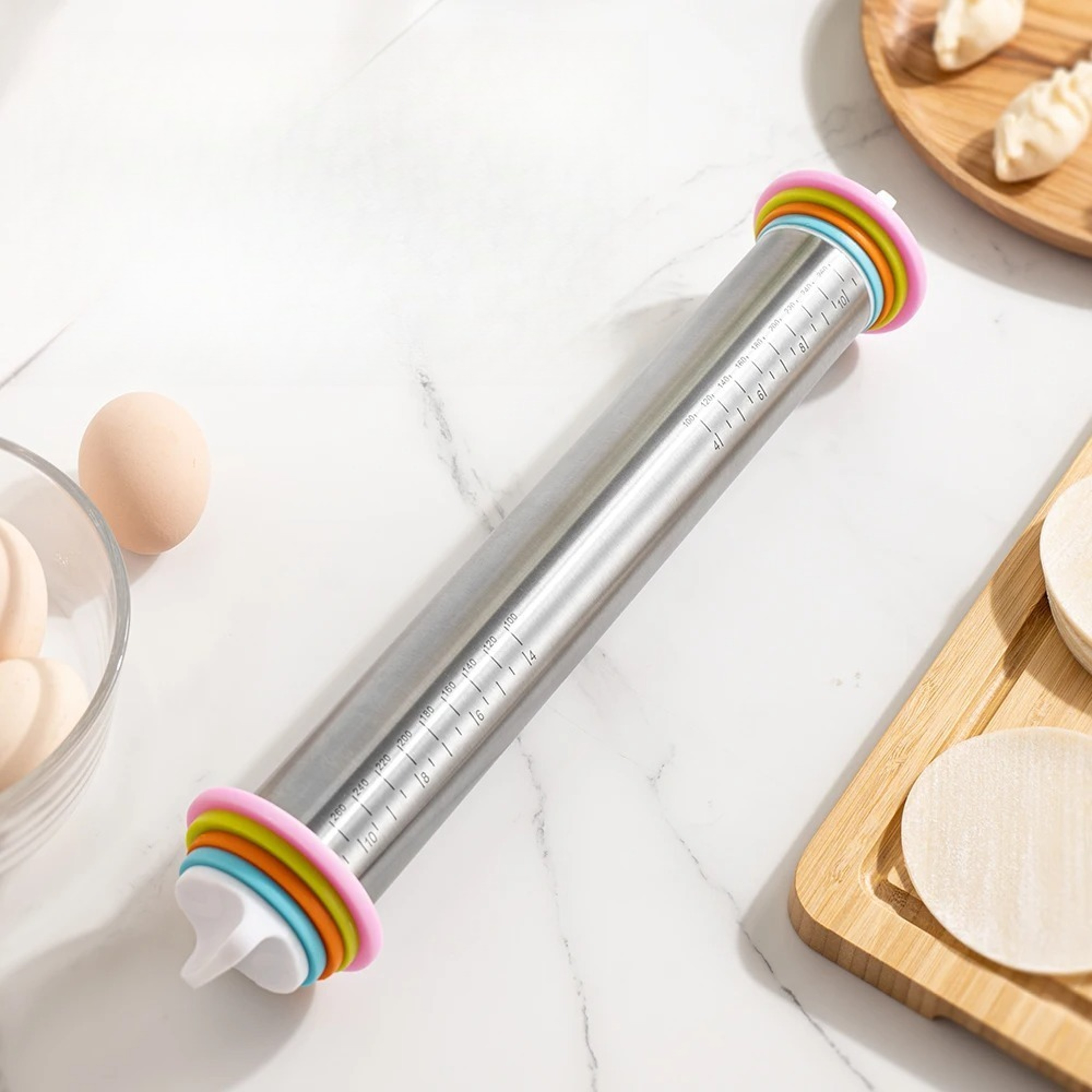Stainless Steel Adjustable Rolling Pin, Thickness Rings, Dough Roller for Pizza Cookie Baking Tools – view 1
