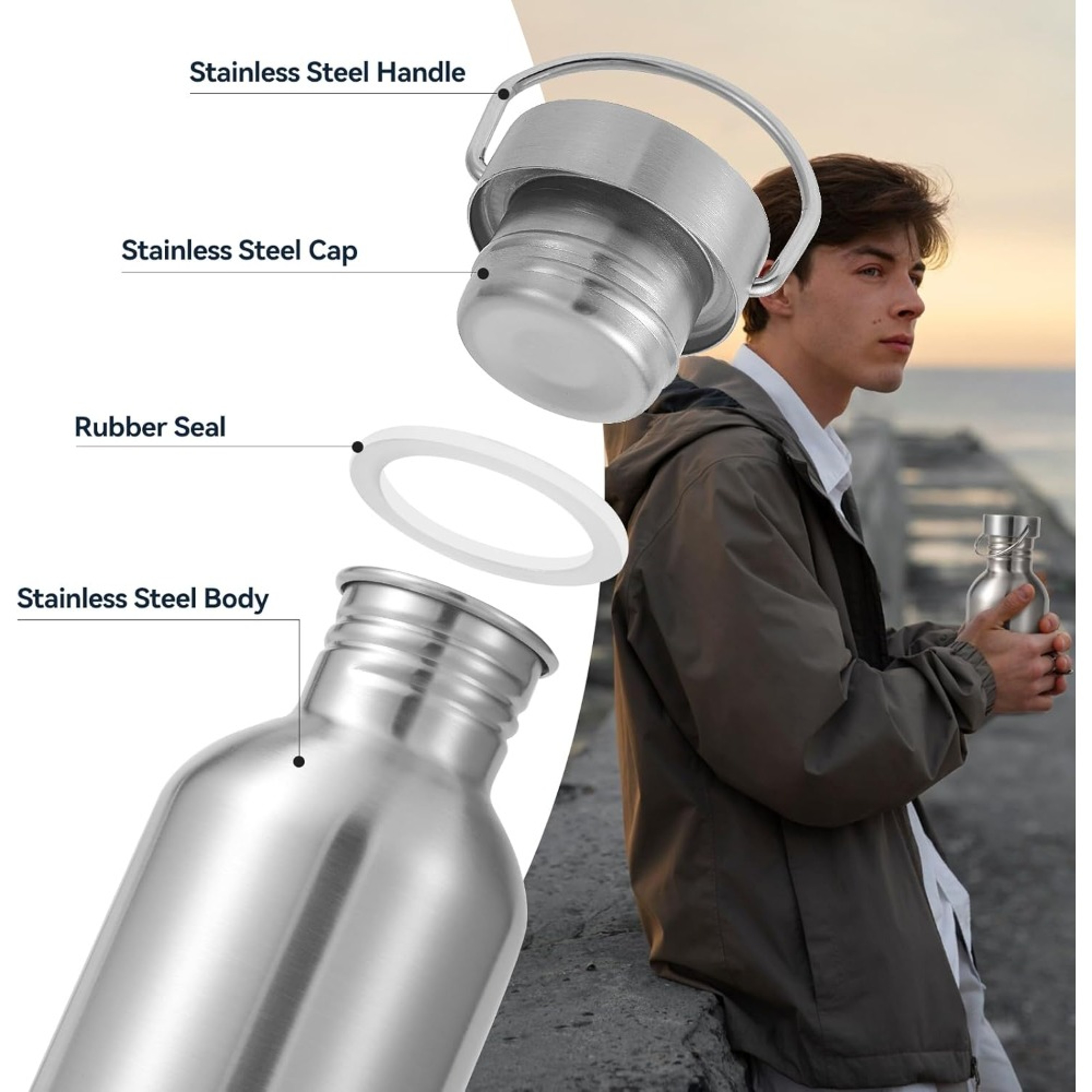 Large Capacity Sports Water Bottle, Stainless Steel Travel Mug, Non Insulated Outdoor Kettle – view 5