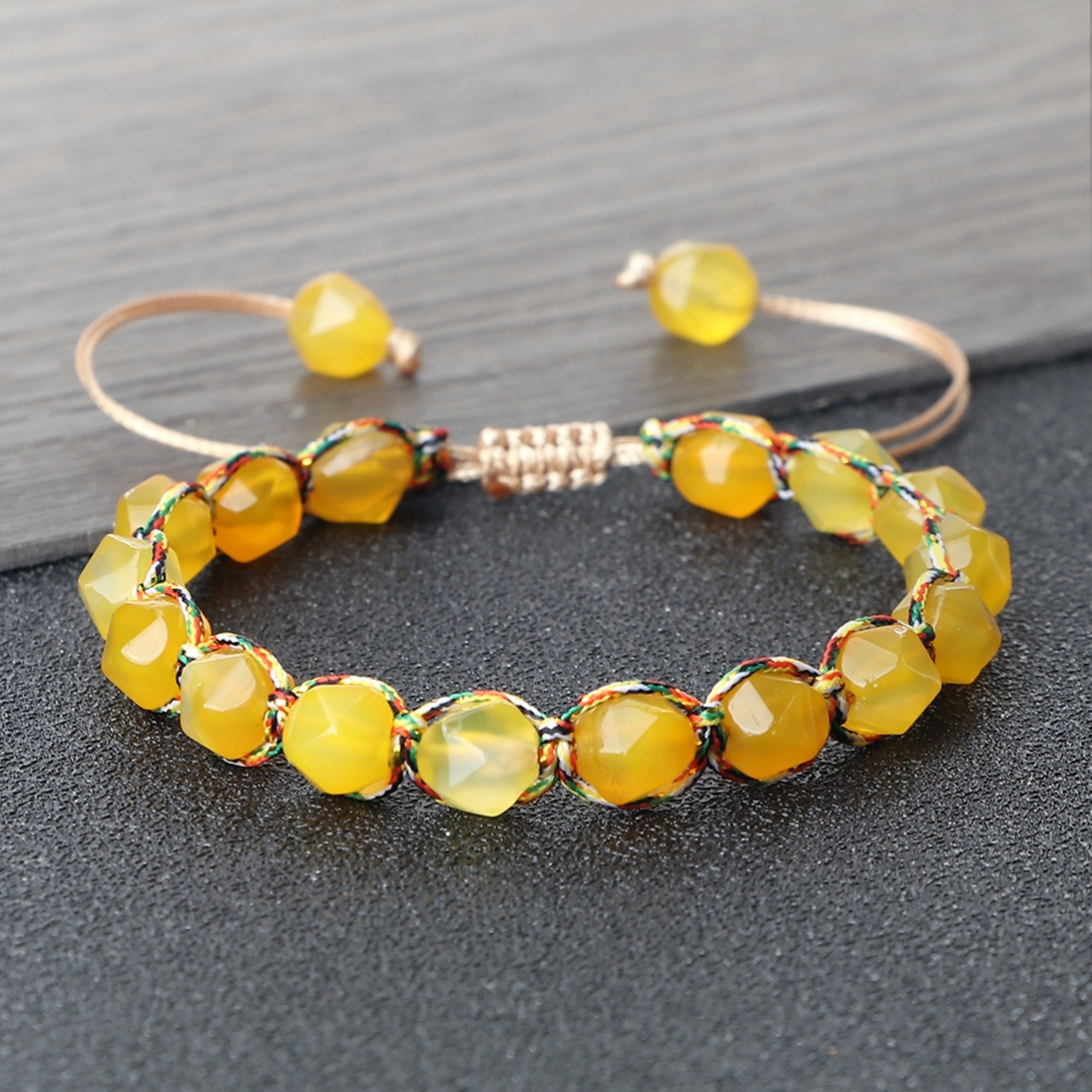Women Malay Stone Cut Face Bracelet Yellow Agate Handmade Wristband Vacation Healing Beach Jewelry 2