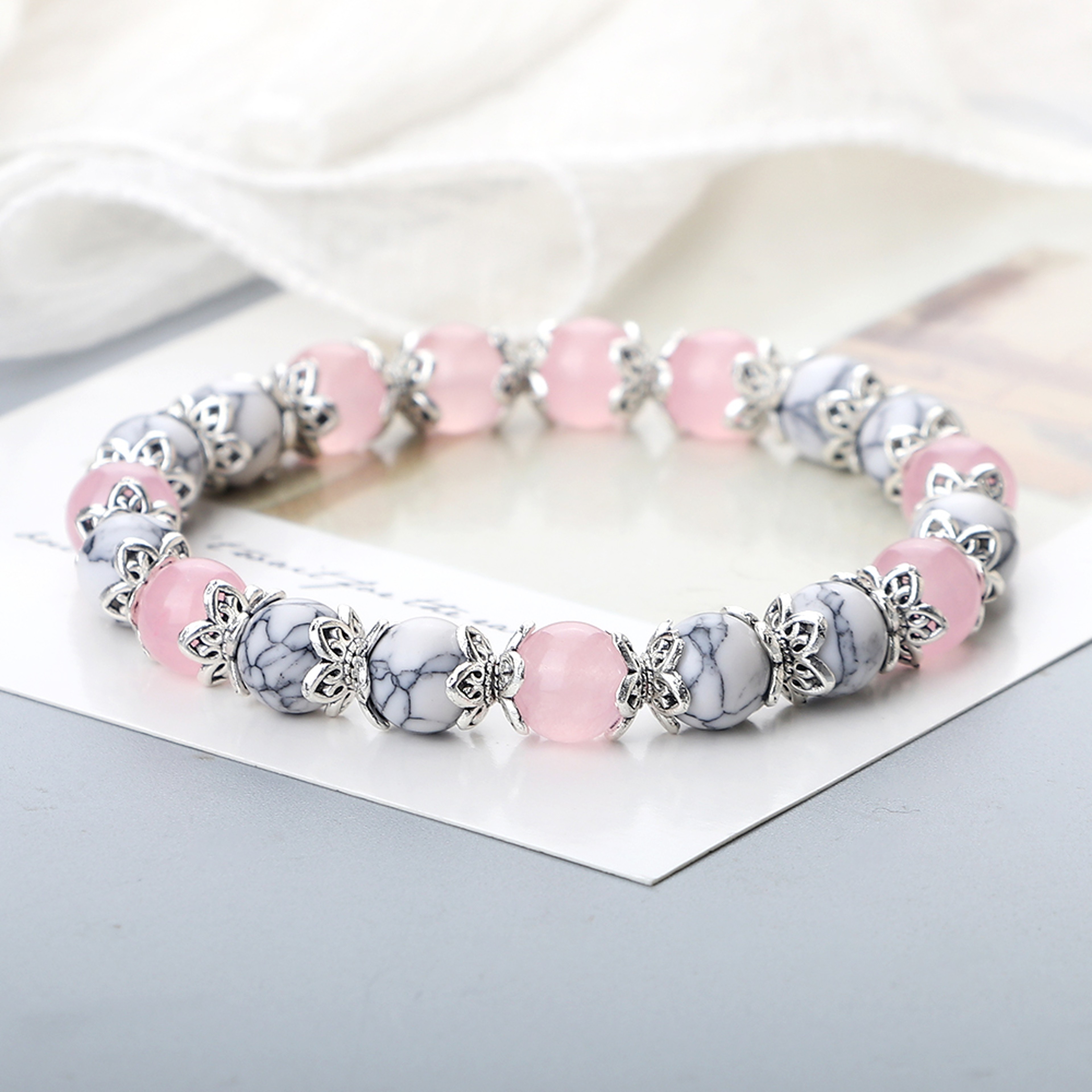 Natural Stone White Bracelet For Women Pink Quartz Onyx Agates Lava Beads Stretch Bangles 1