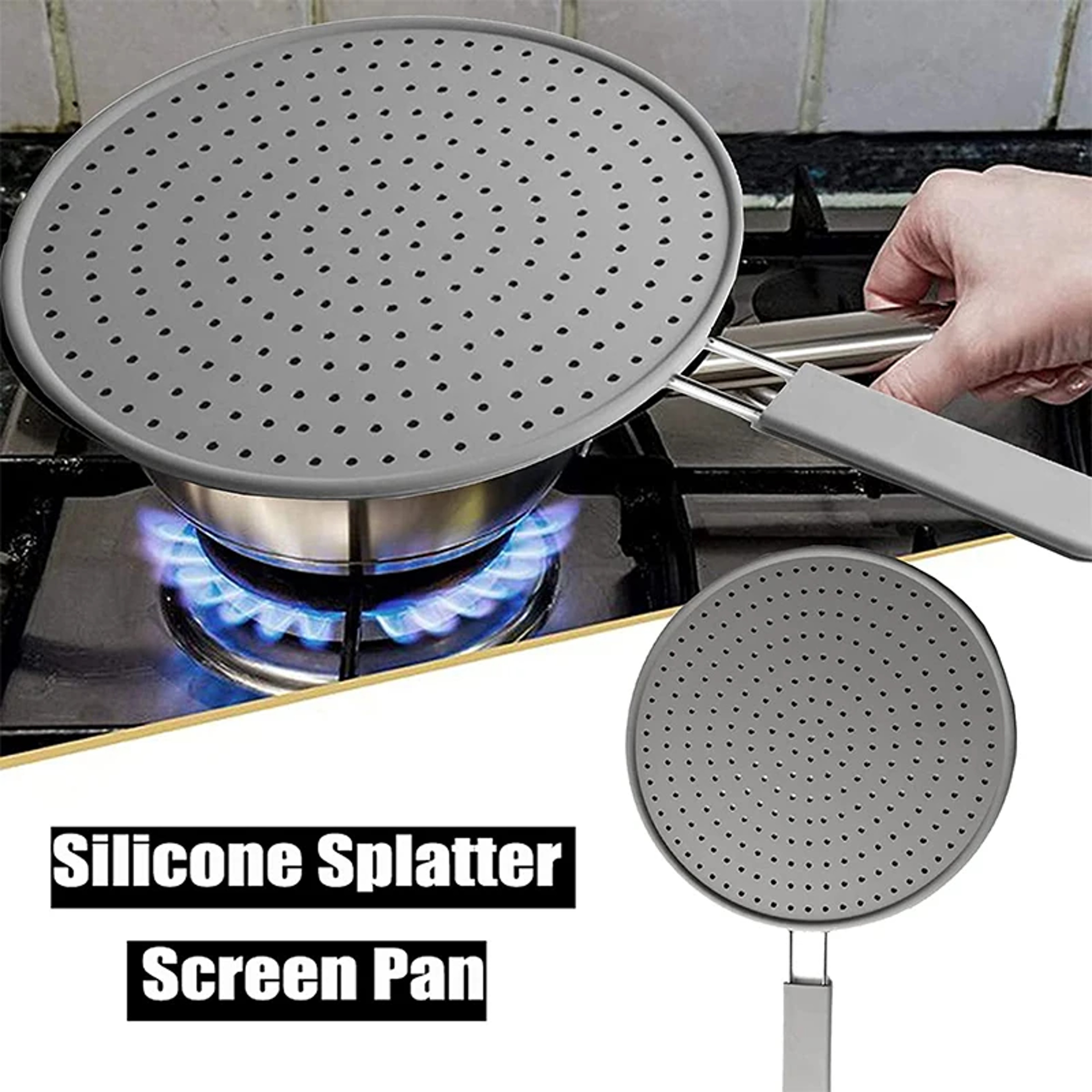 HeatResistant Silicone Kitchen Splatter Screen With Handle Oil Splash Guard Frying Pan Lid Cover 2