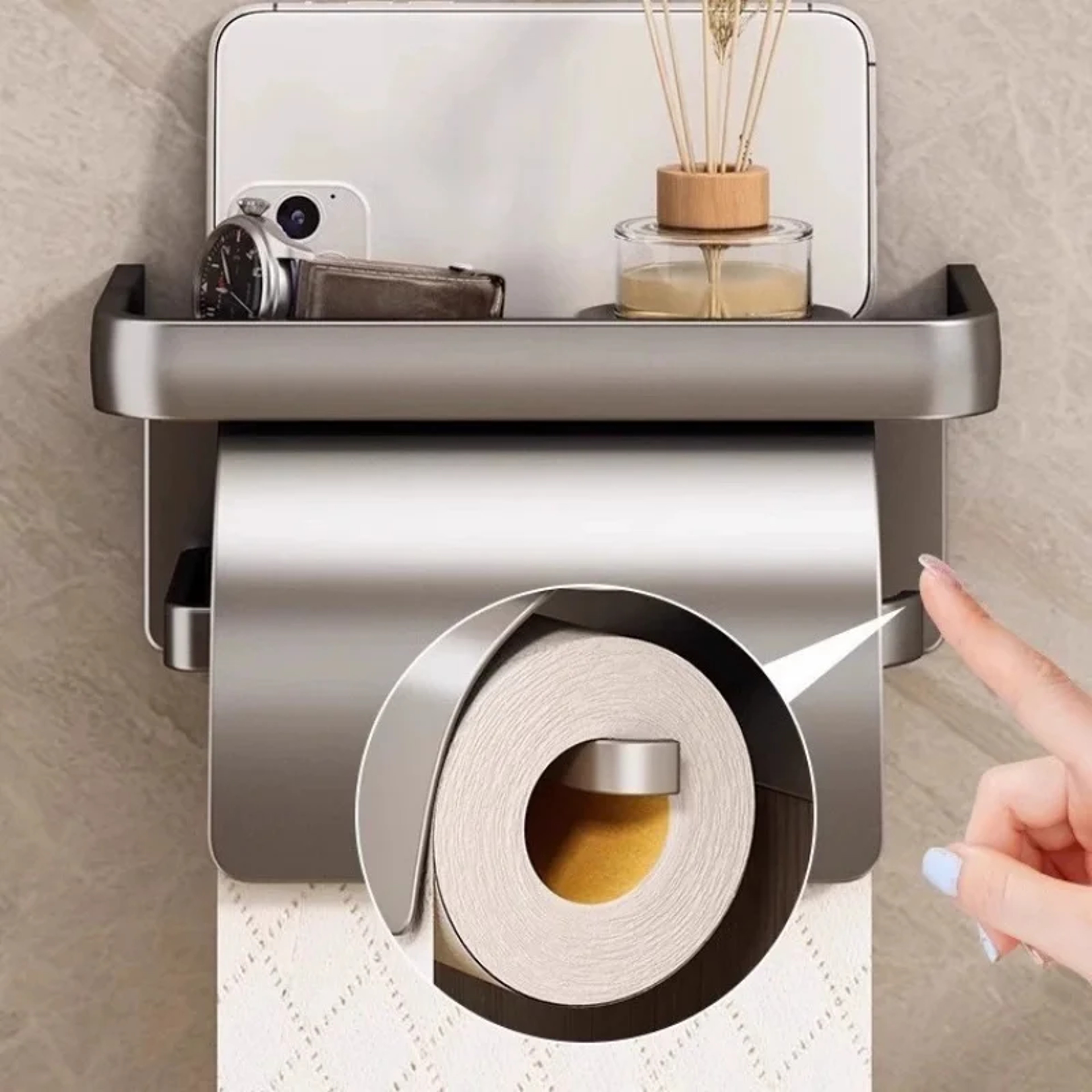 Self-Adhesive Toilet Paper Roll Holder with Shelf, Wall Mount Tissue Holder – view 3