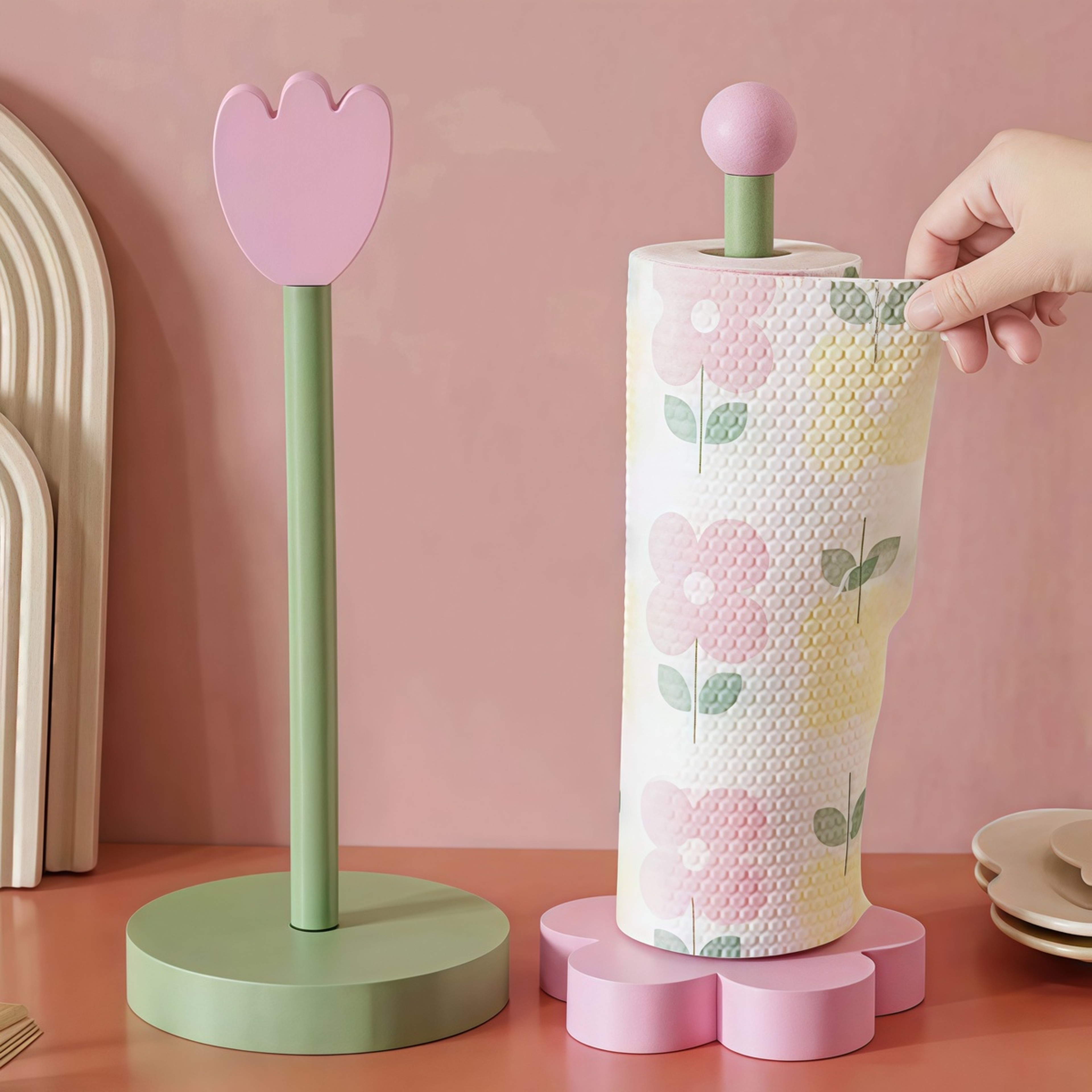 Tulip Wood Paper Towel Holder, Kitchen Roll Tissue Vertical Stand for Bathroom Storage – view 1