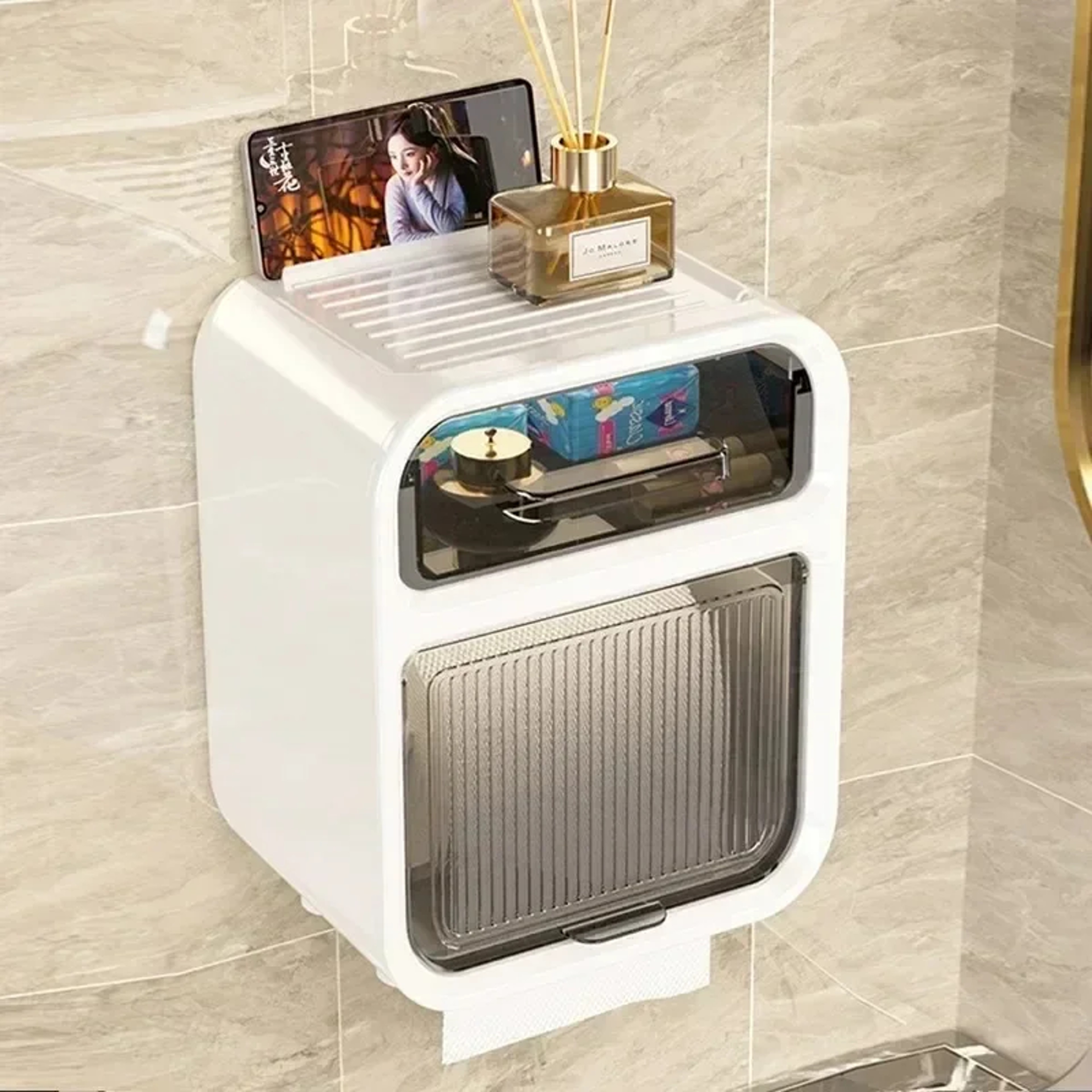 Bathroom Double Layer Storage Rack, Wall Mounted Paper Drawer Tissue Box – view 1
