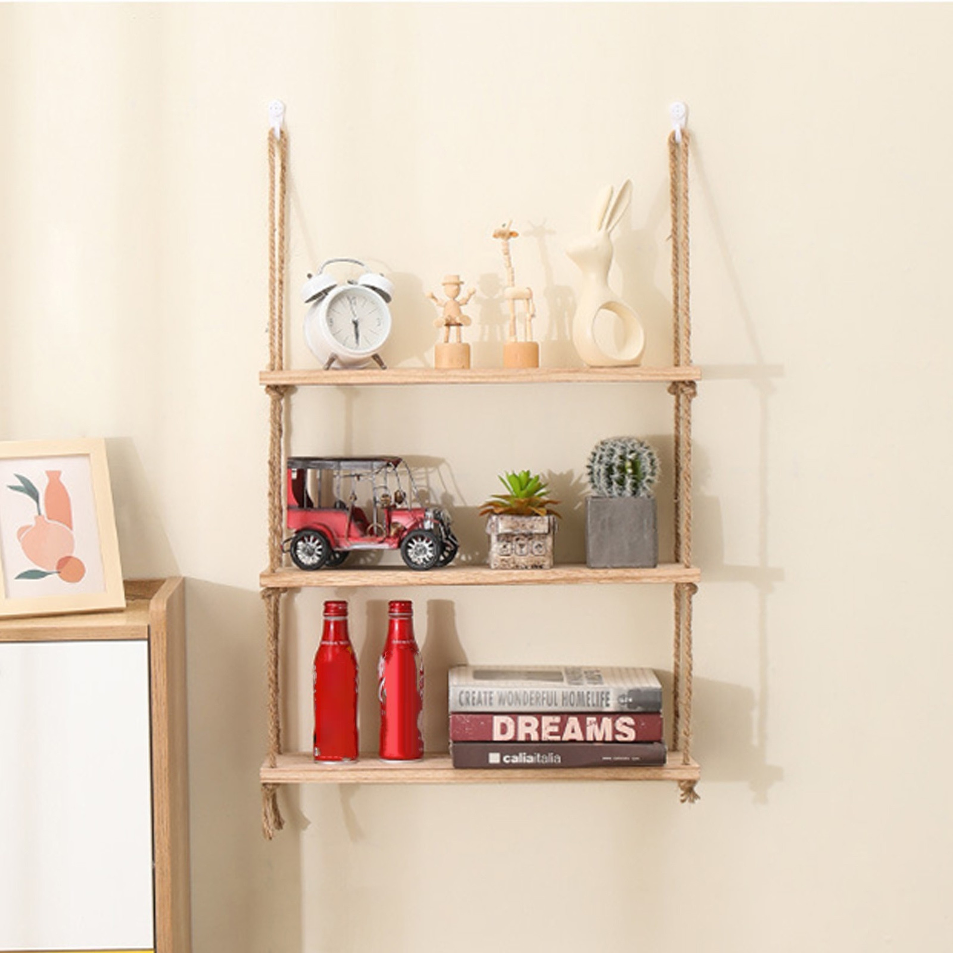 Wooden Floating Shelves for Wall, Hanging Rope Storage, Living Room Decor – view 2