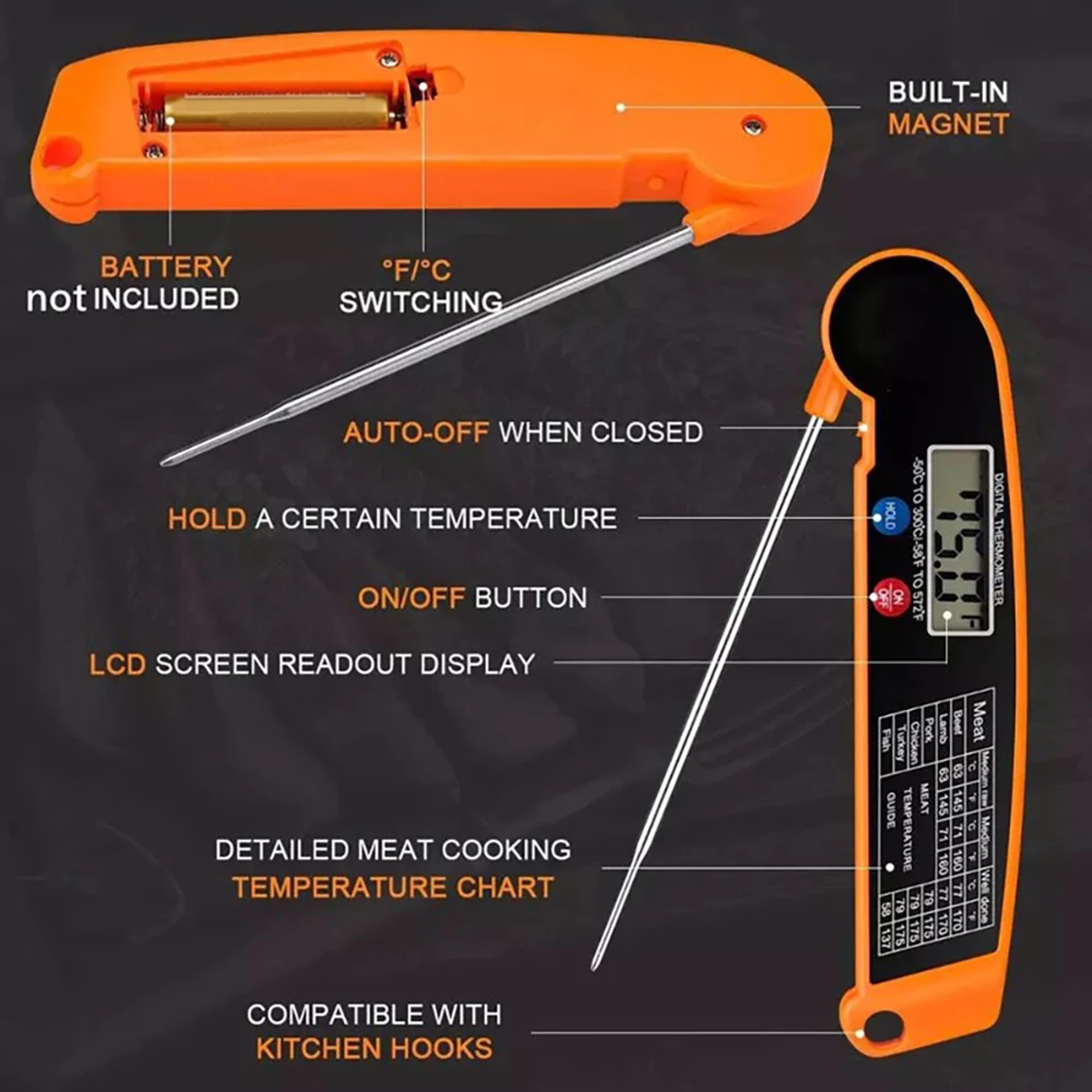 Foldable Food Thermometer, Instant Read Meat Temperature Probe, Digital Kitchen Thermometer for Cooking BBQ Milk Fry – view 4
