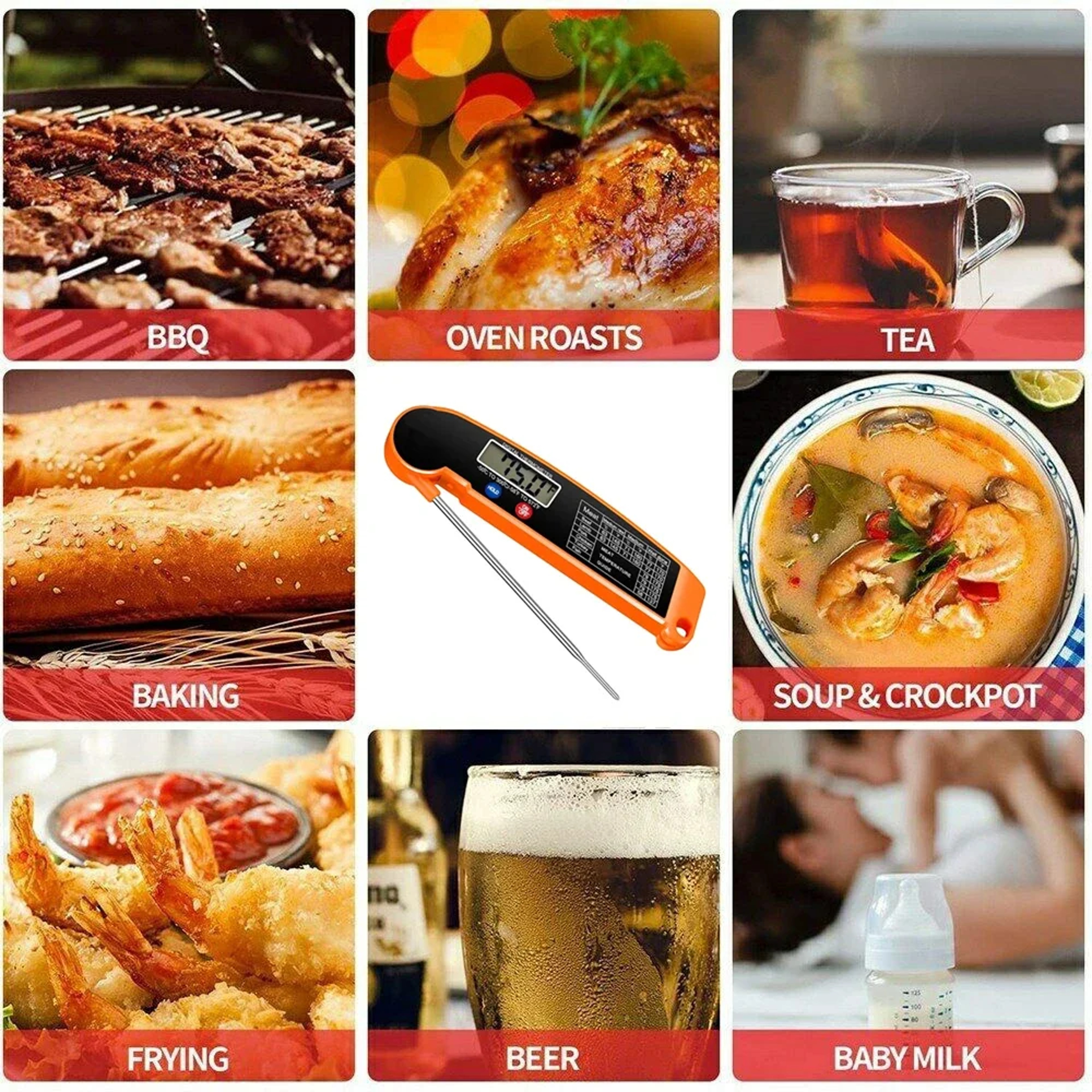 Foldable Food Thermometer, Instant Read Meat Temperature Probe, Digital Kitchen Thermometer for Cooking BBQ Milk Fry – view 5