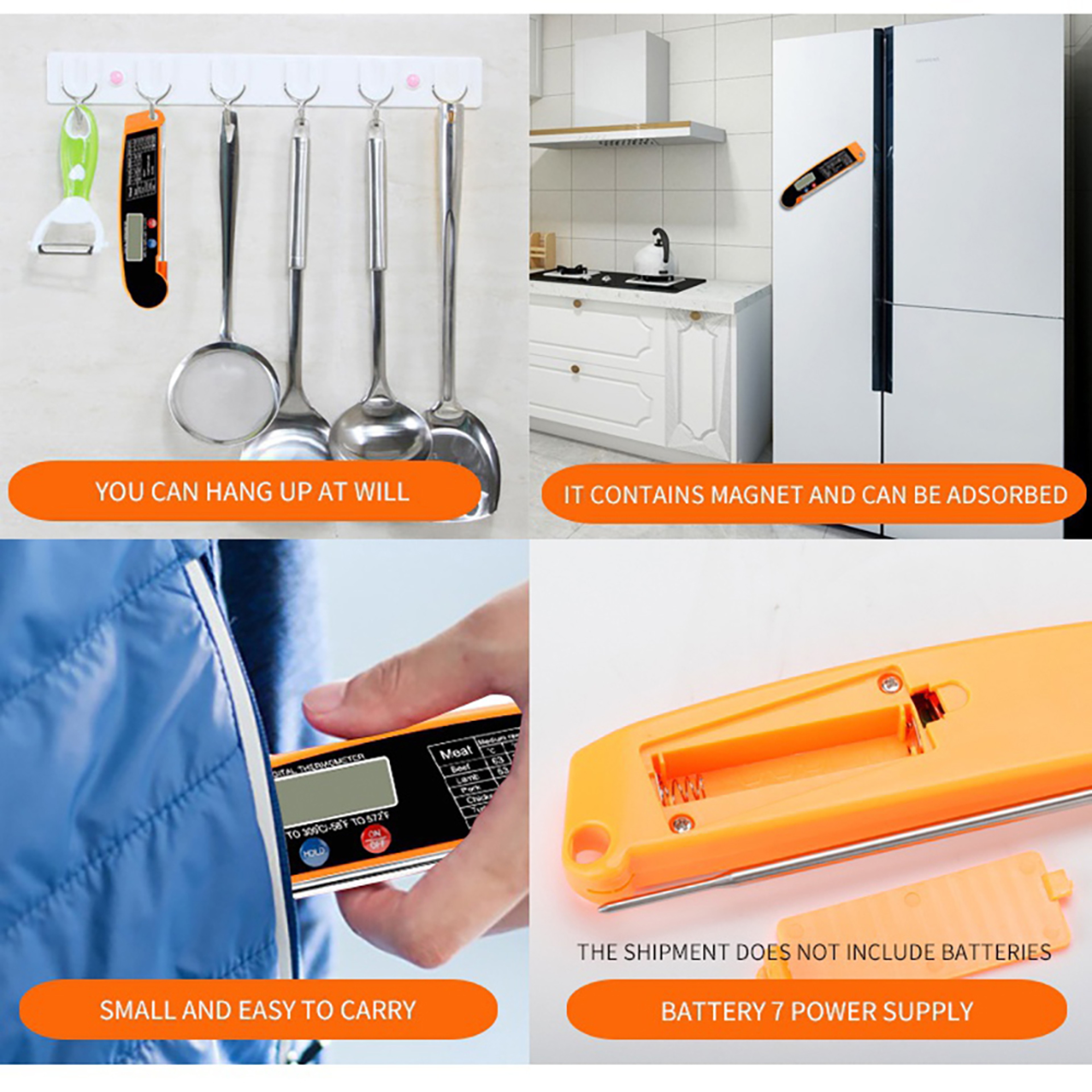 Foldable Food Thermometer, Instant Read Meat Temperature Probe, Digital Kitchen Thermometer for Cooking BBQ Milk Fry – view 6