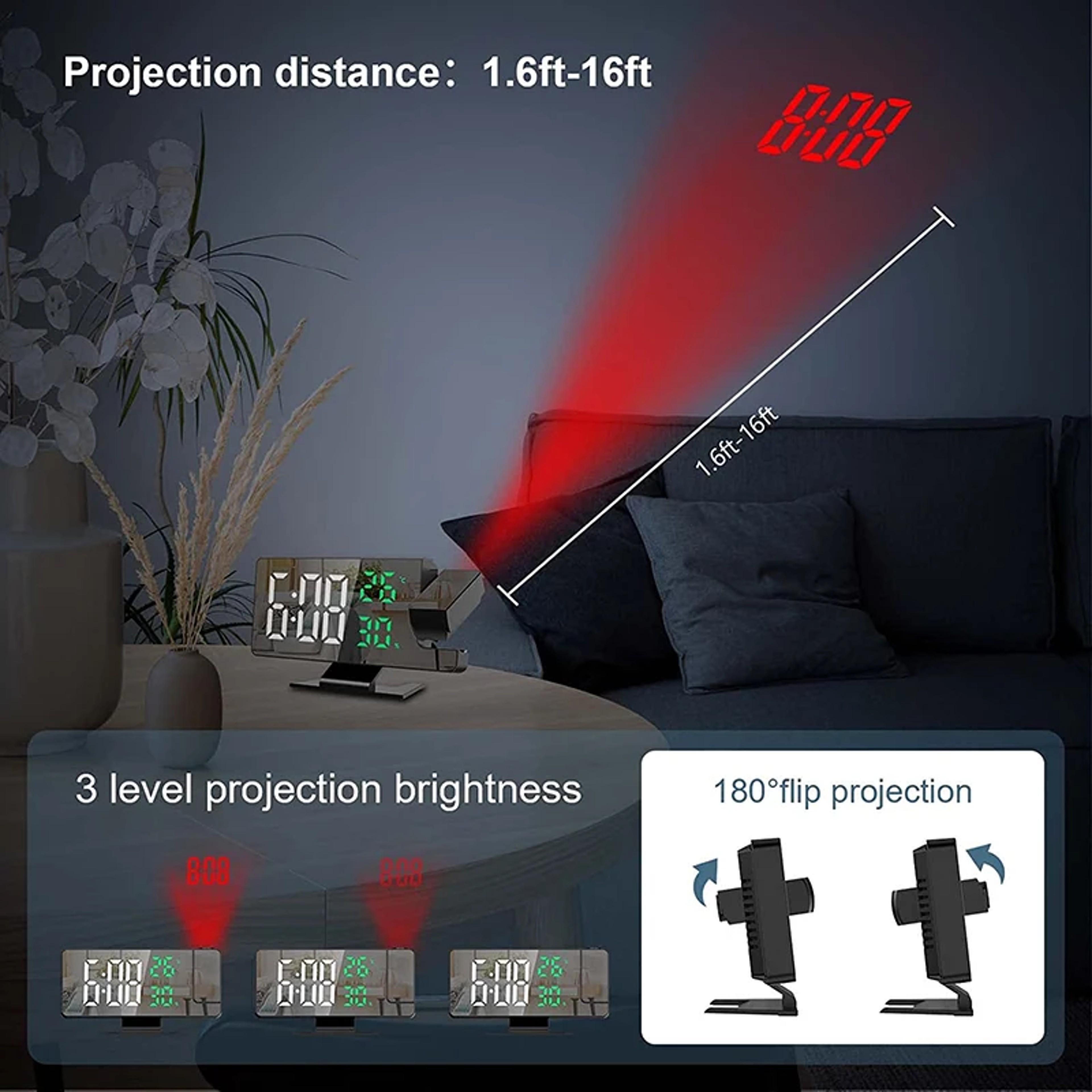 LED Digital Projection Alarm Clock Ceiling Clock with Time, Temperature Display, Backlight, and Snooze Function for Home – view 4