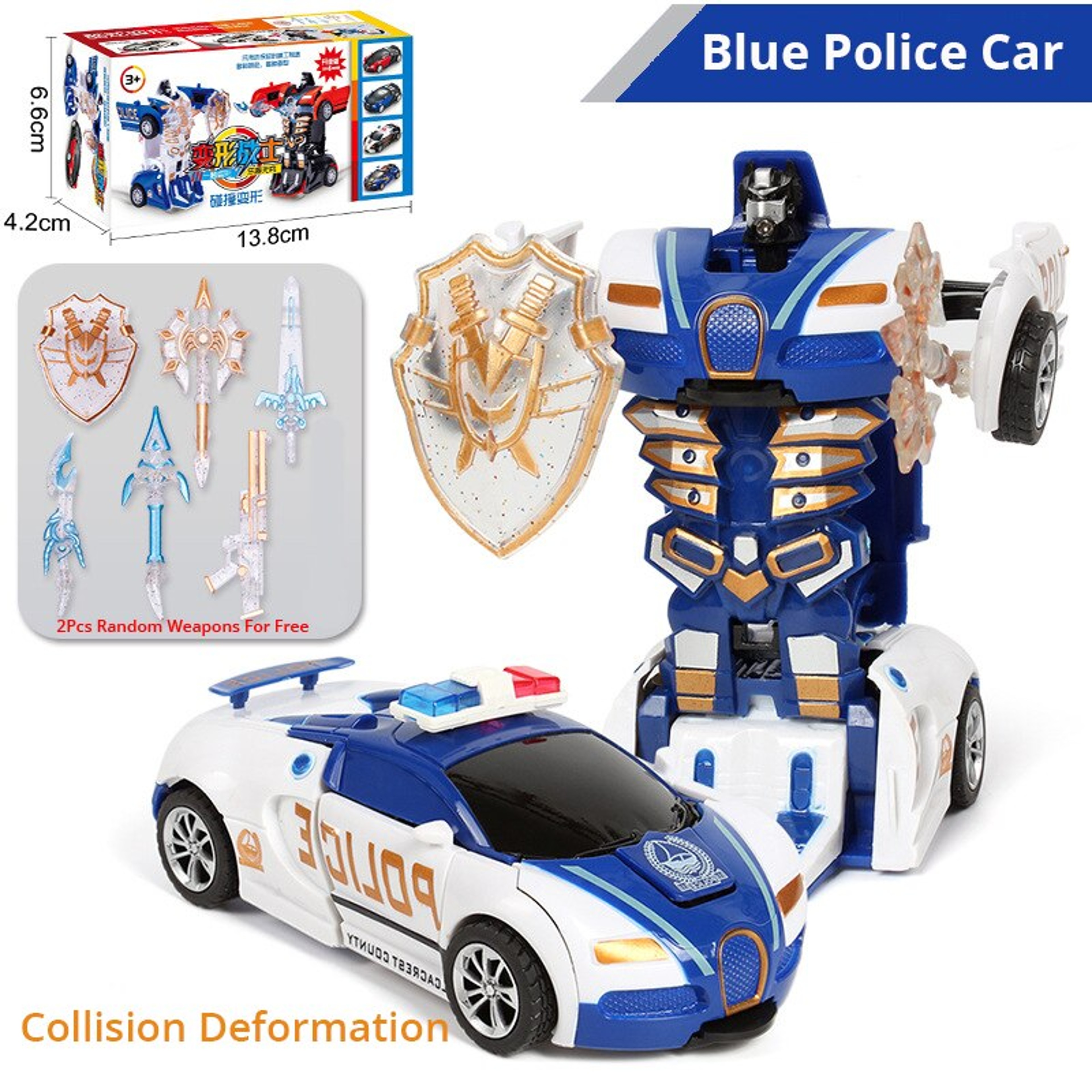 Blue Police Car Toy for Boys One-Button Deformation Inertia Impact, Collision Transforming Action – view 1