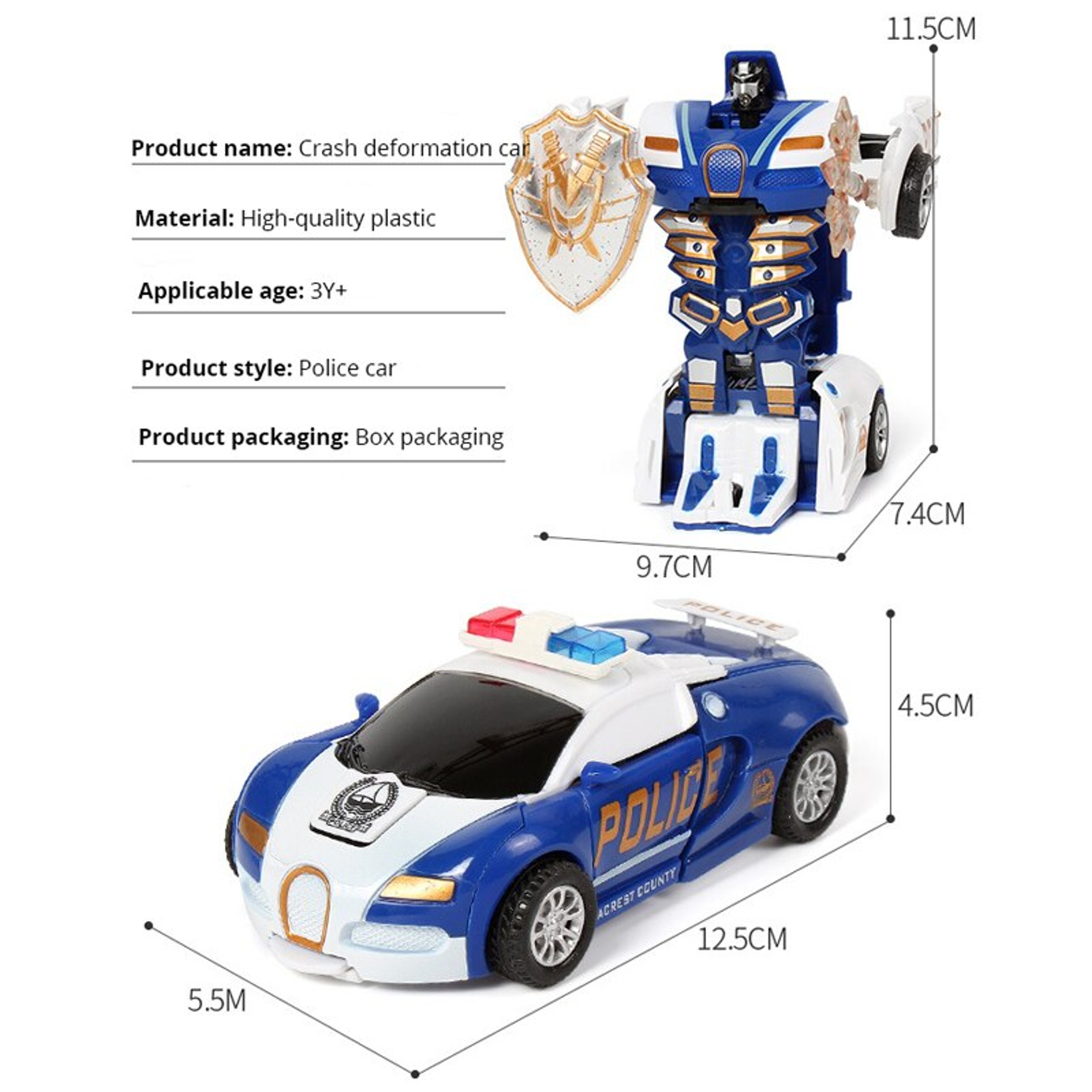 Blue Police Car Toy for Boys One-Button Deformation Inertia Impact, Collision Transforming Action – view 2