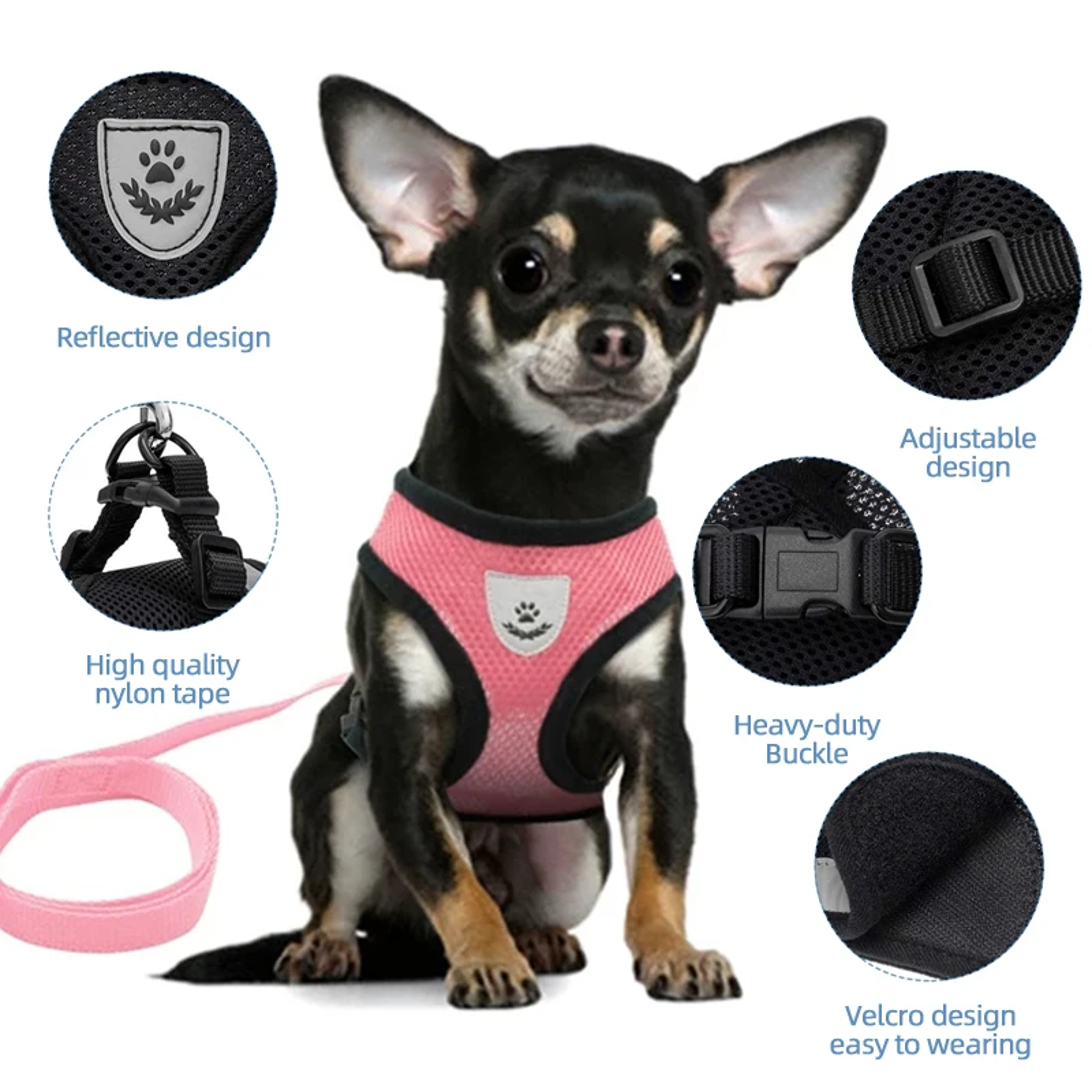 Reflective Adjustable Pet Harness for Small Dogs and Cats Breathable Polyester Mesh Vest with Leash – view 3