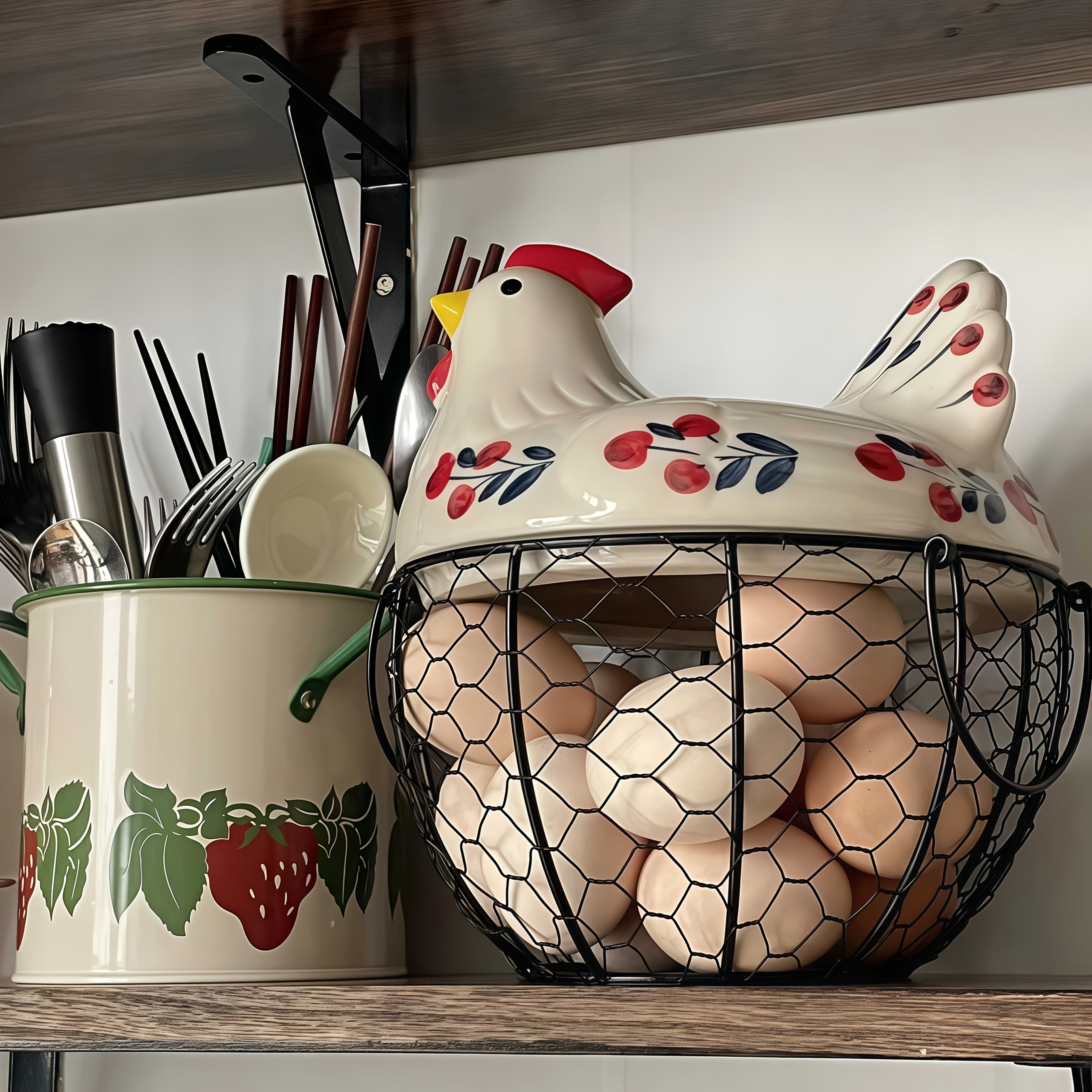 Rustic Hen-Shaped Ceramic Egg Holder with Lid Farmhouse Kitchen Organizer – view 1