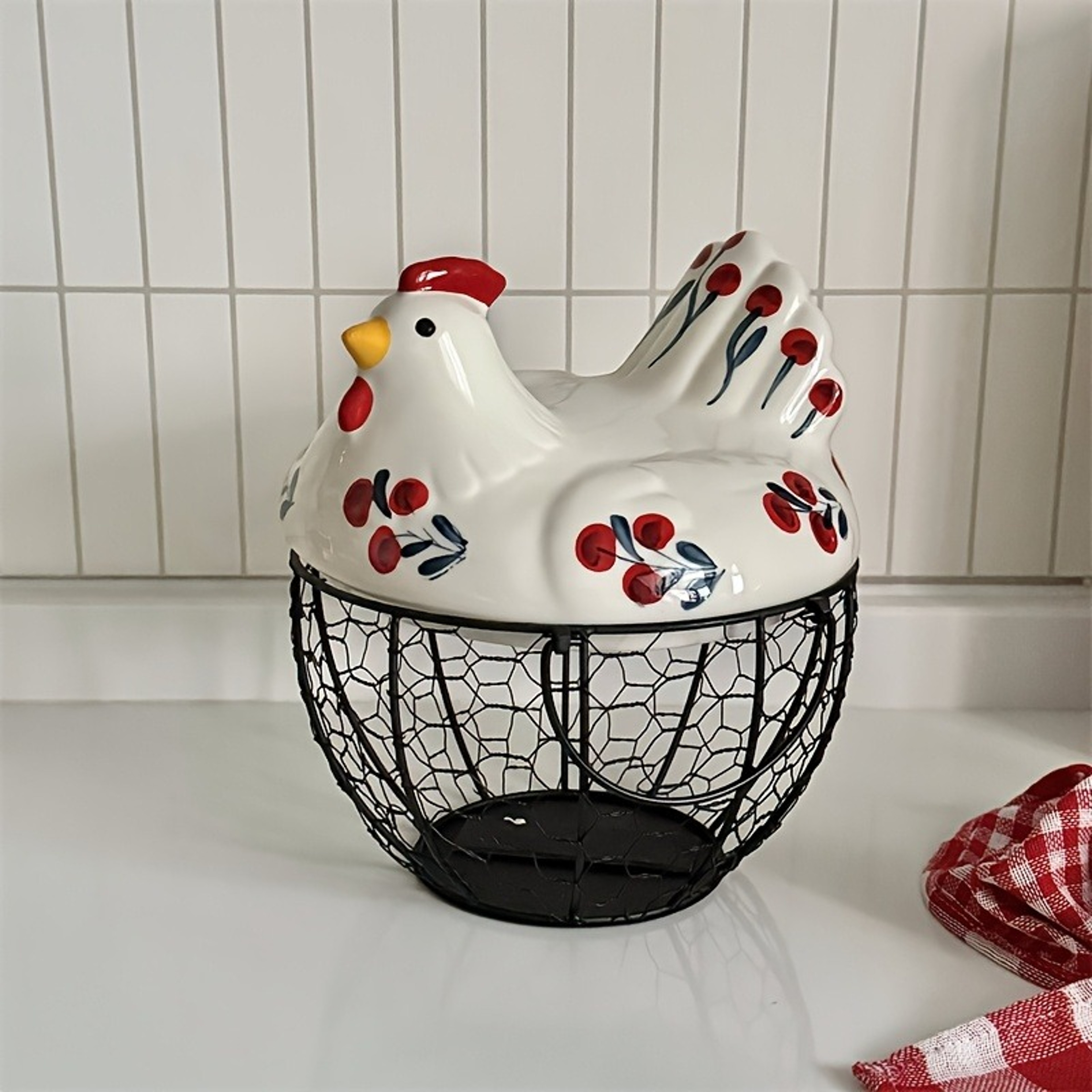 Rustic Hen-Shaped Ceramic Egg Holder with Lid Farmhouse Kitchen Organizer – view 7