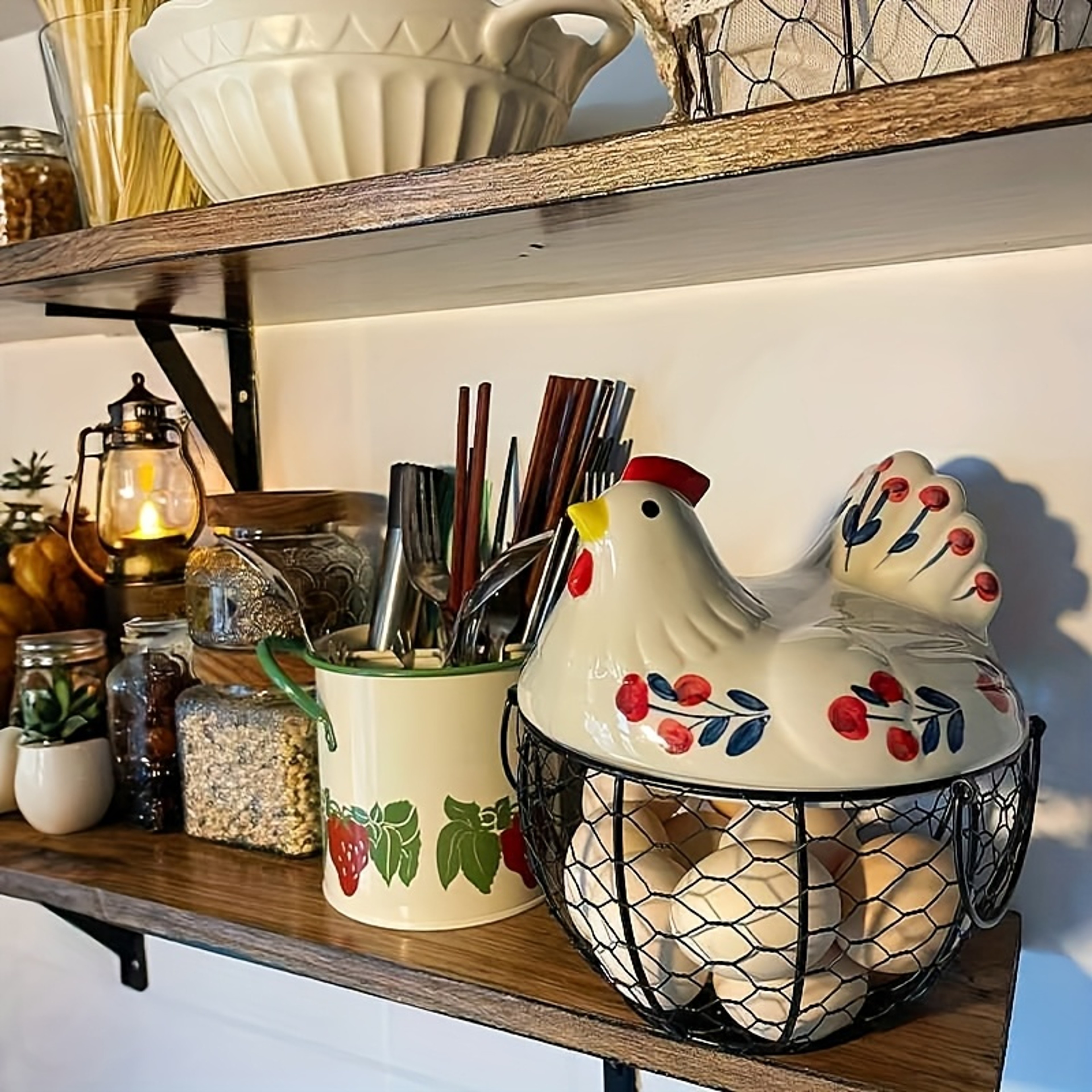 Rustic Hen-Shaped Ceramic Egg Holder with Lid Farmhouse Kitchen Organizer – view 6