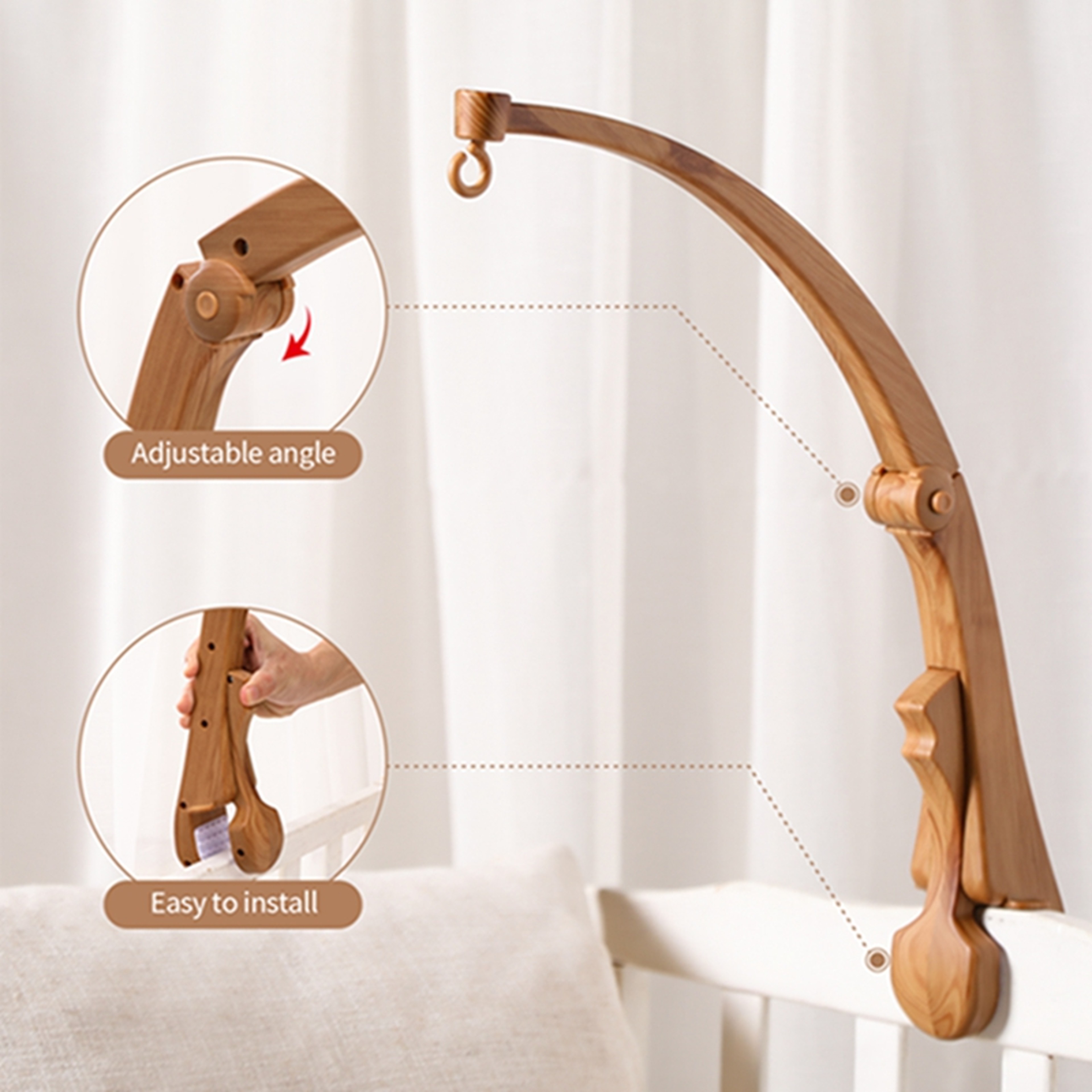 Newborn Crochet Bed Bell Hanging Toy, Imitation Wood Grain Plastic Bed Bell Bracket – view 4