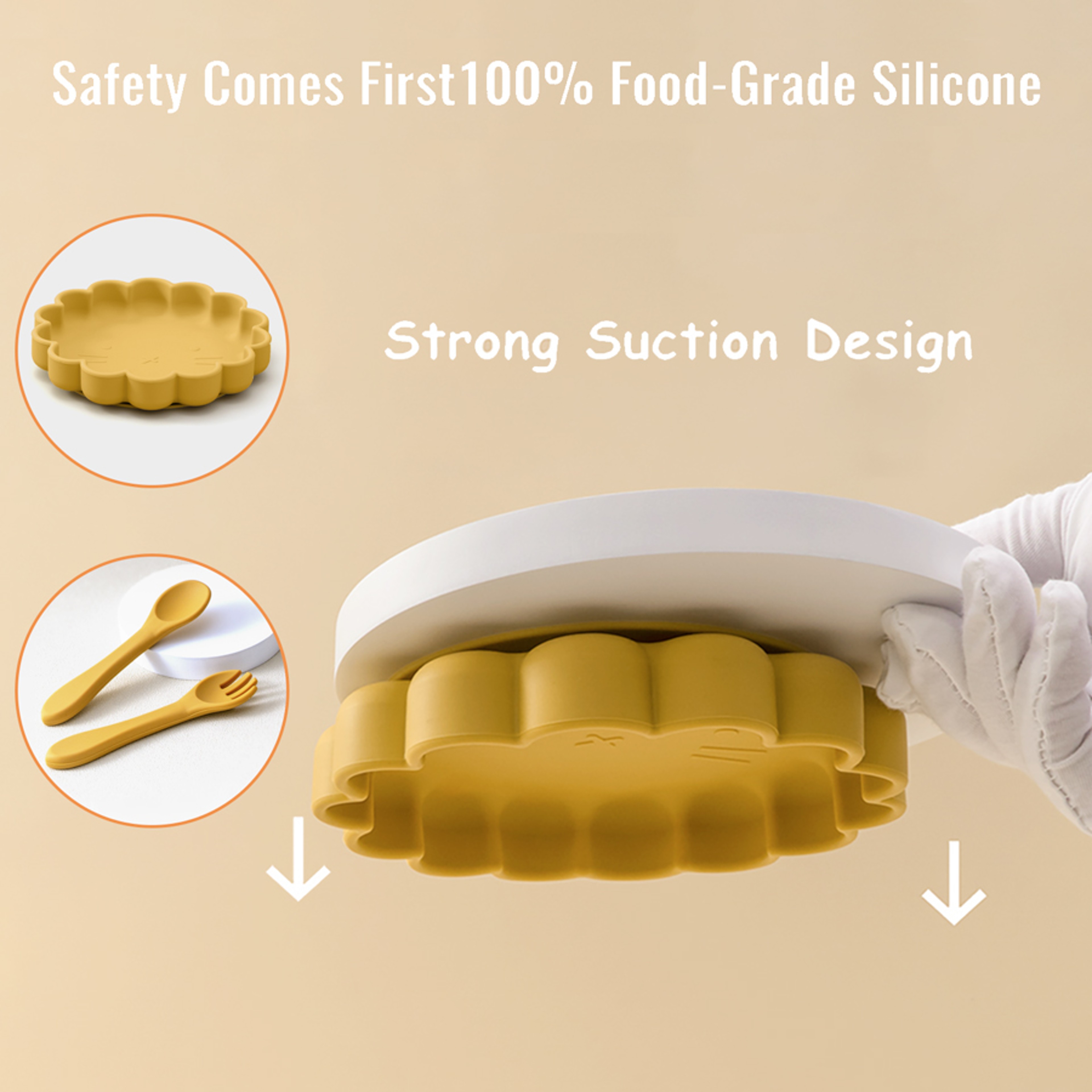 Cute Lion Shape Suction Plate Baby Silicone Tableware Set Solid Color Spoon Fork Feeding Training Baby Dinner Set – view 4
