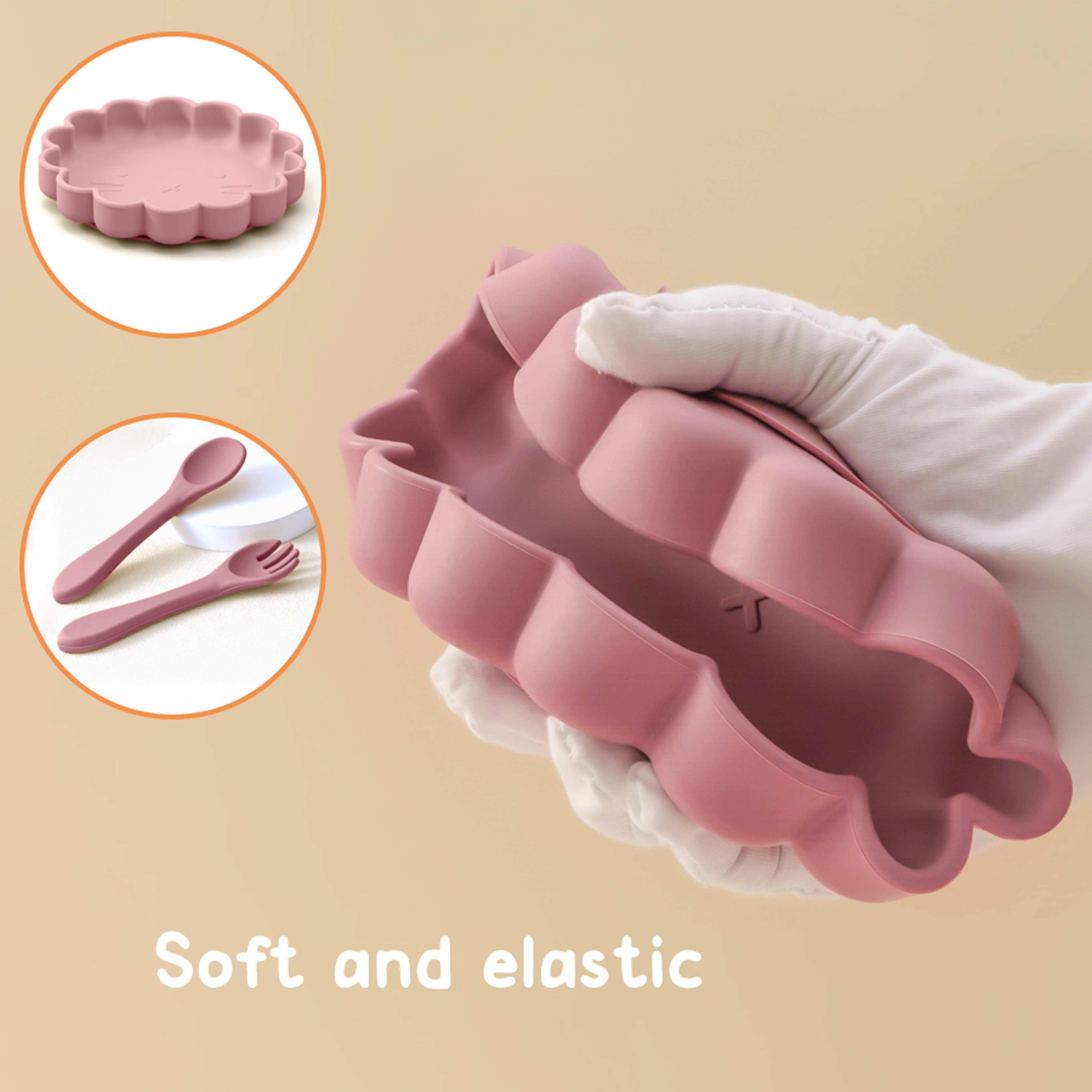 Cute Lion Shape Suction Plate Baby Silicone Tableware Set Solid Color Spoon Fork Feeding Training Baby Dinner Set – view 5