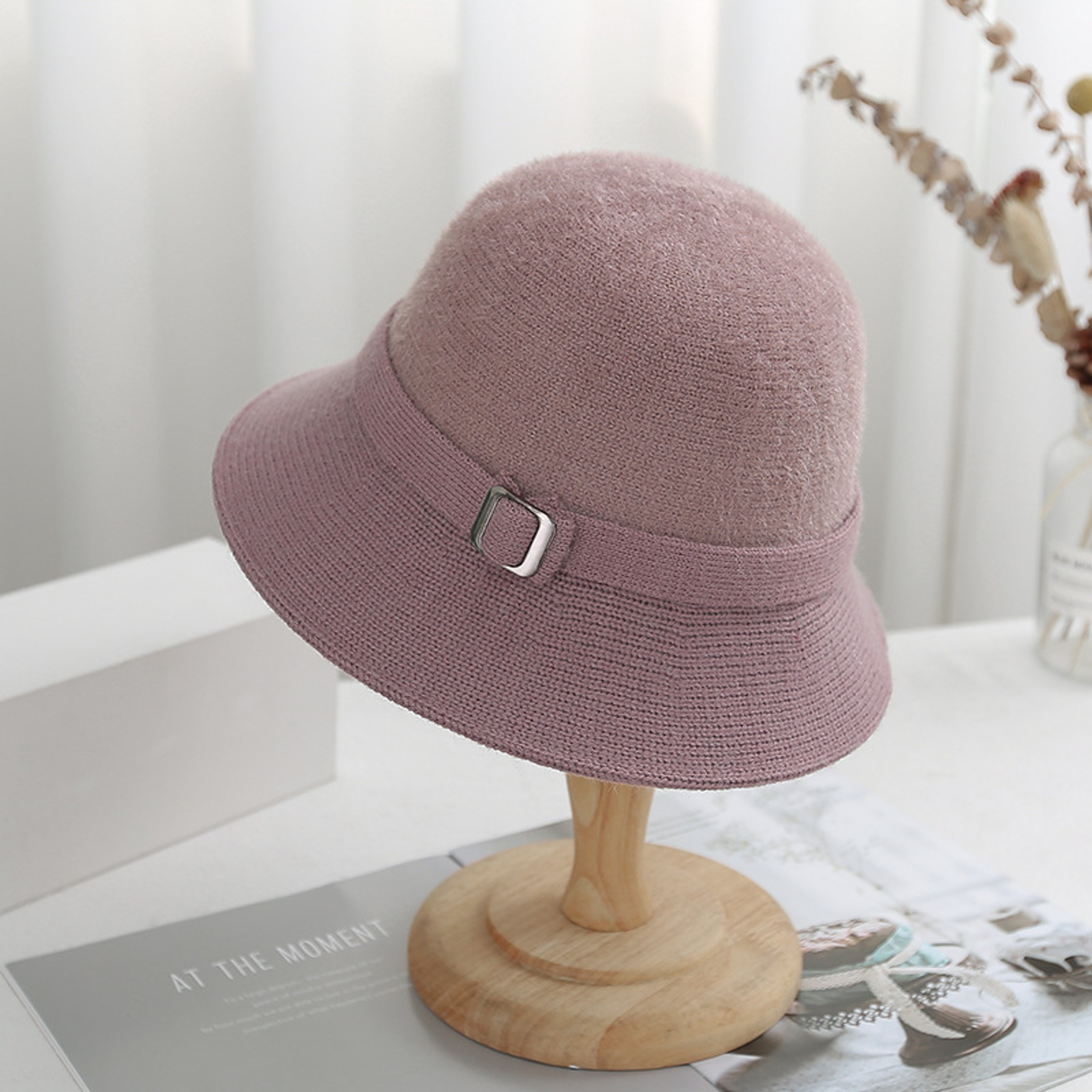 Autumn Winter Solid Color Knitted Bucket Hat Women Faux Mink Cashmere Blend Artistic Versatile Sun  6