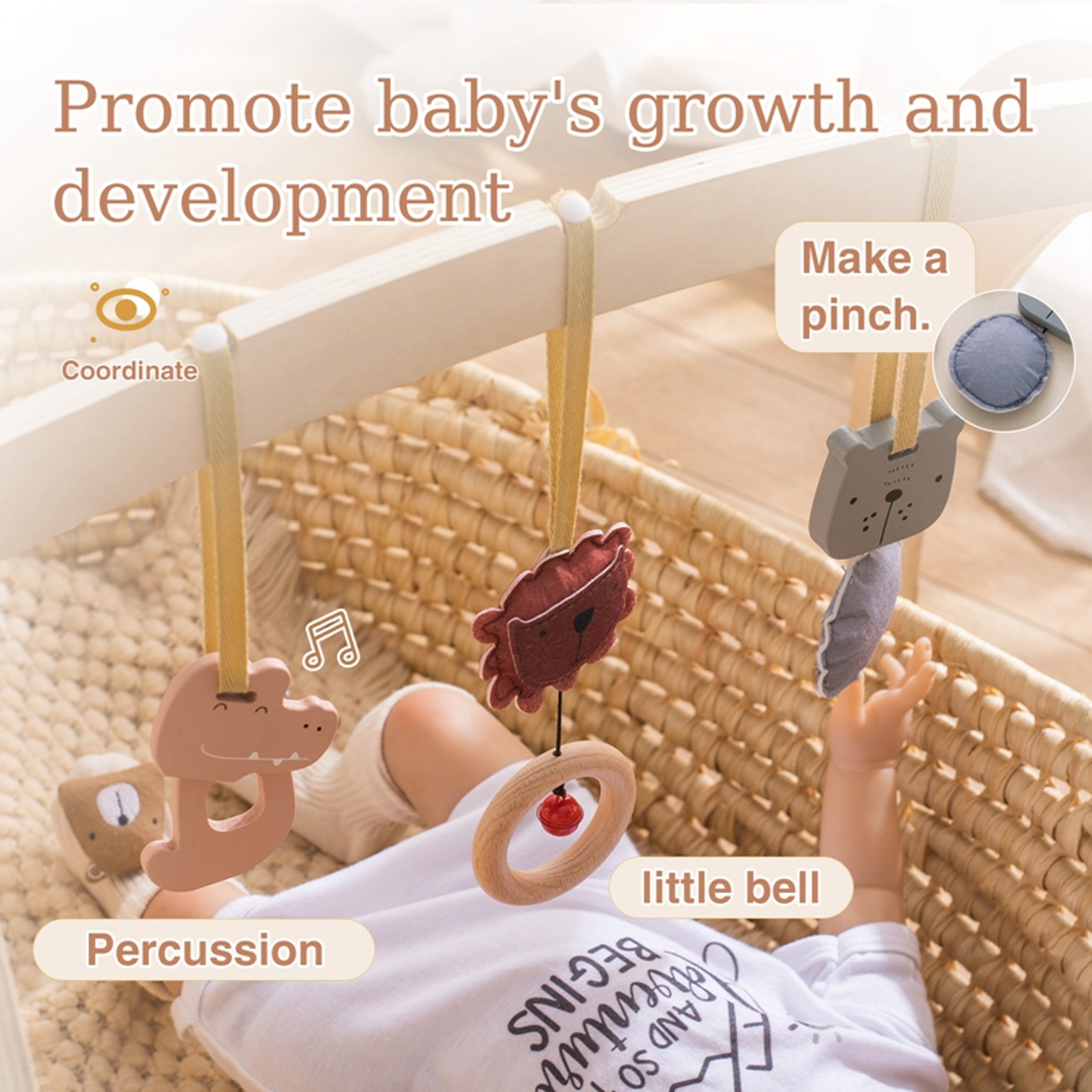 Baby Play Gym Toy Wooden Cartoon Rattle Baby Sensory Gift Hang Pendant For Baby Room Decoration 2