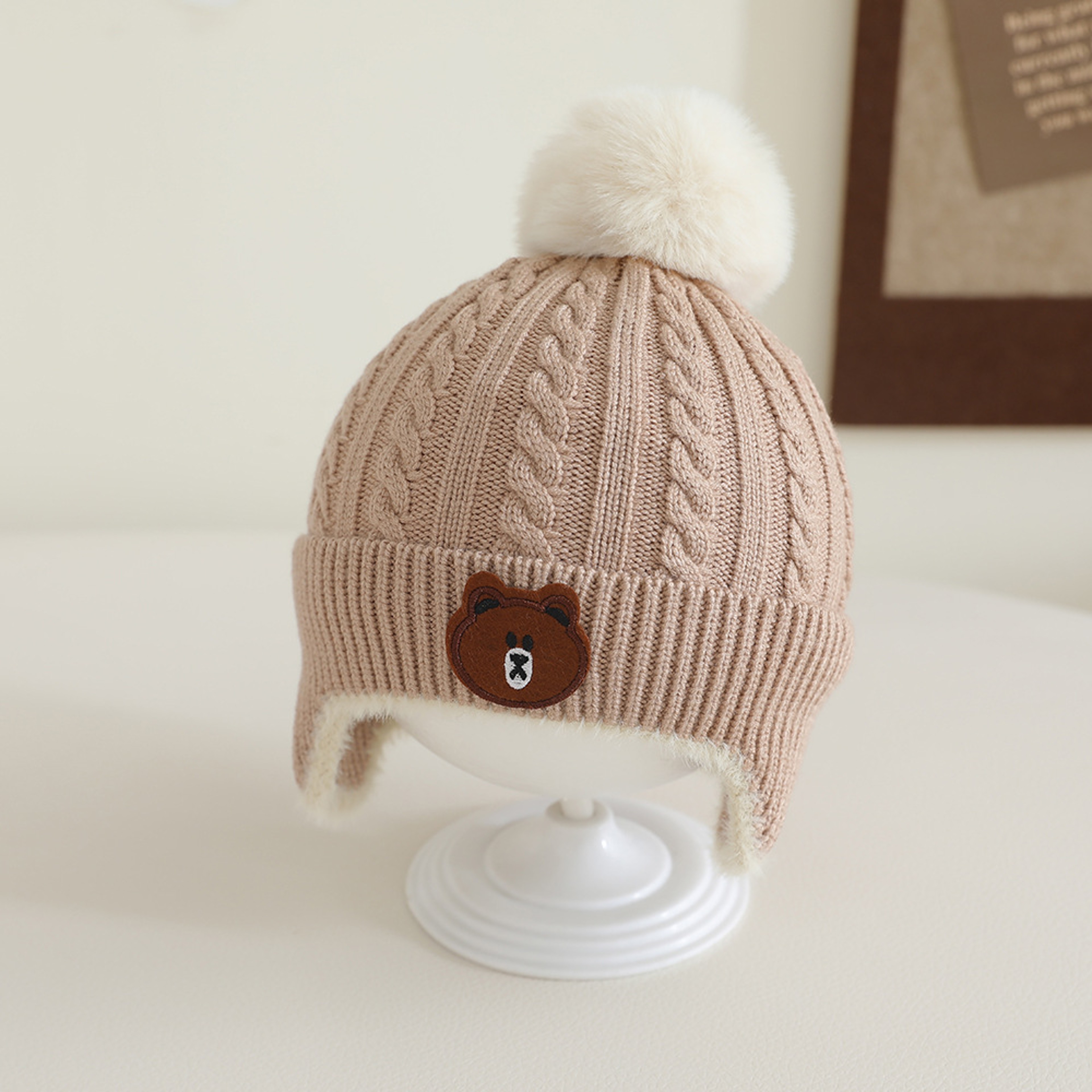 New Knitted Baby Hat Autumn Winter Girls Boys Toddler Bear Pompom Hat Outdoor Warm Ear Protection H 4