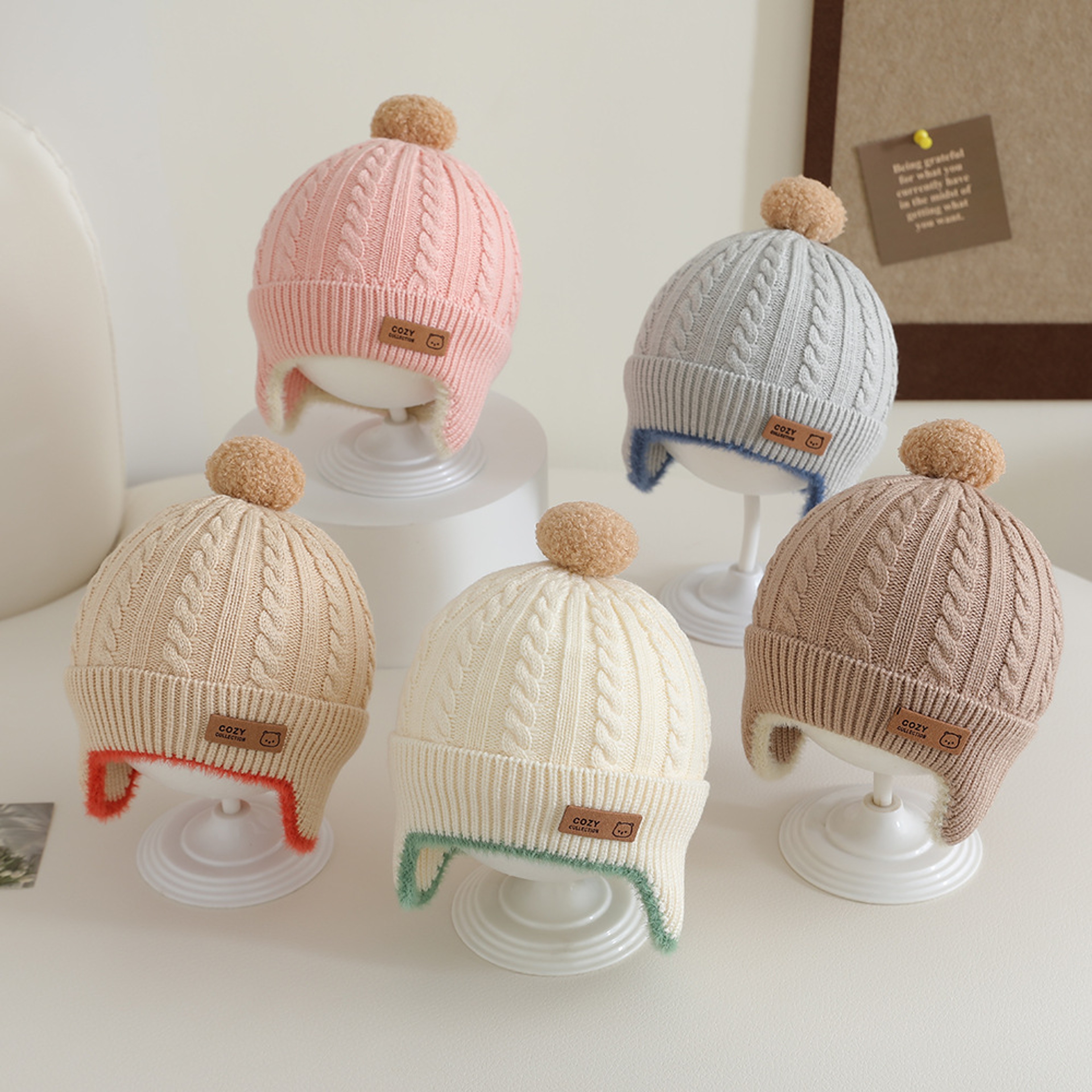 Windproof Toddler Girls Knitted Hat Cute Pompom Infant Ear Protection Cap Baby Boy Earmuffs Beanie 0