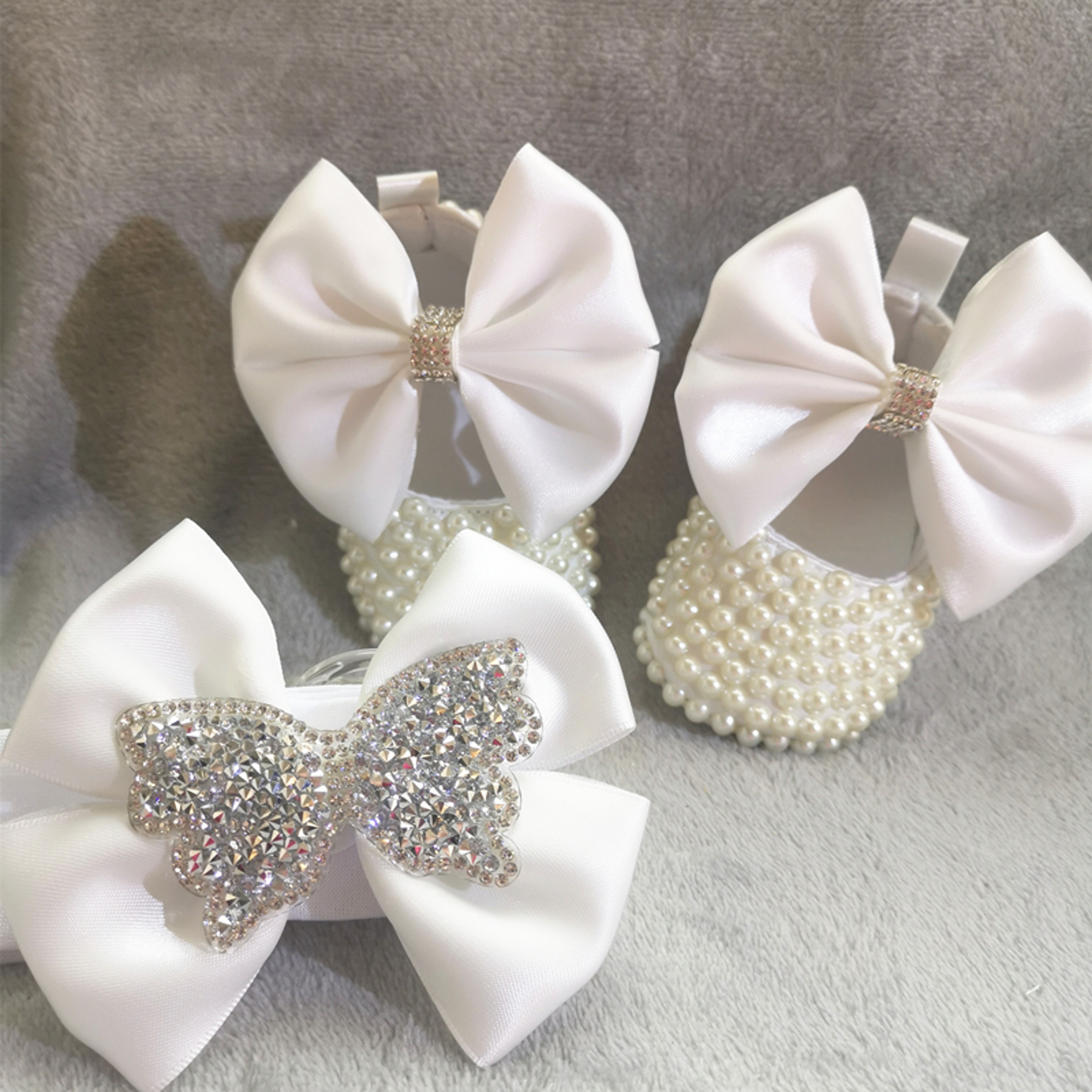 Dollbling Rhinestone Baby Shoes, Handmade White Pearls Bling, Christening Wedding Baptism Shoes – view 9