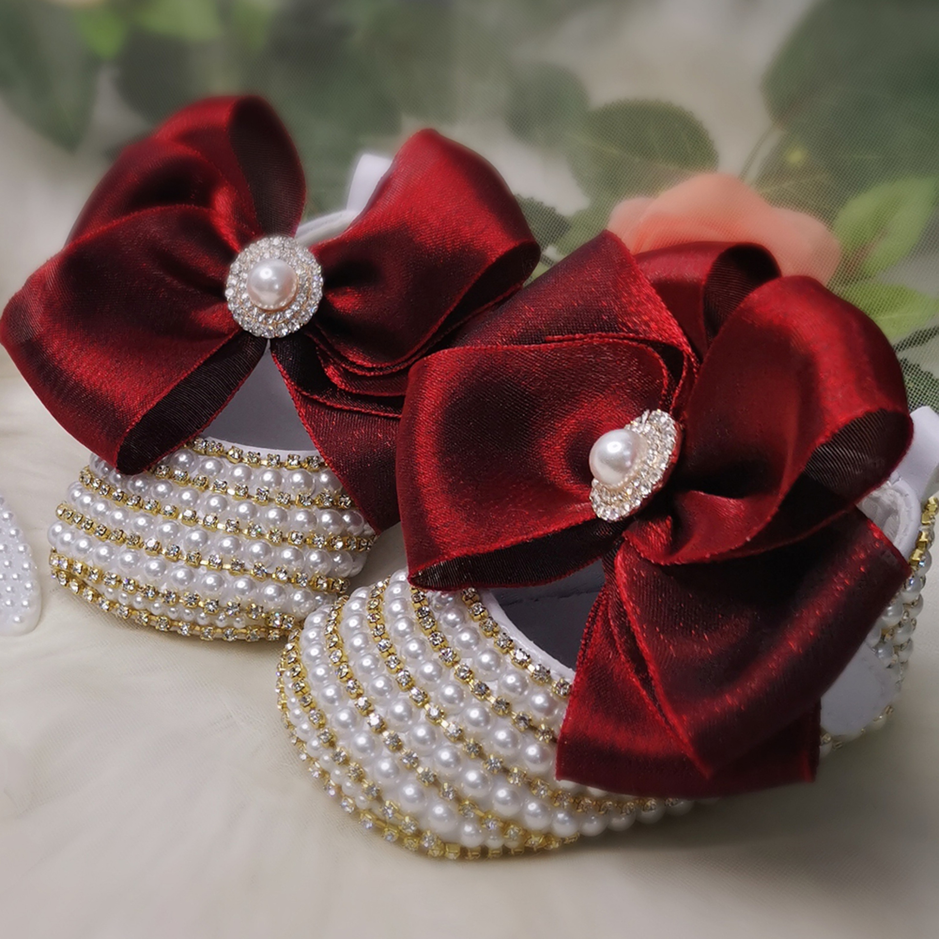 Dollbling Rhinestone Baby Shoes, Handmade White Pearls Bling, Christening Wedding Baptism Shoes – view 18