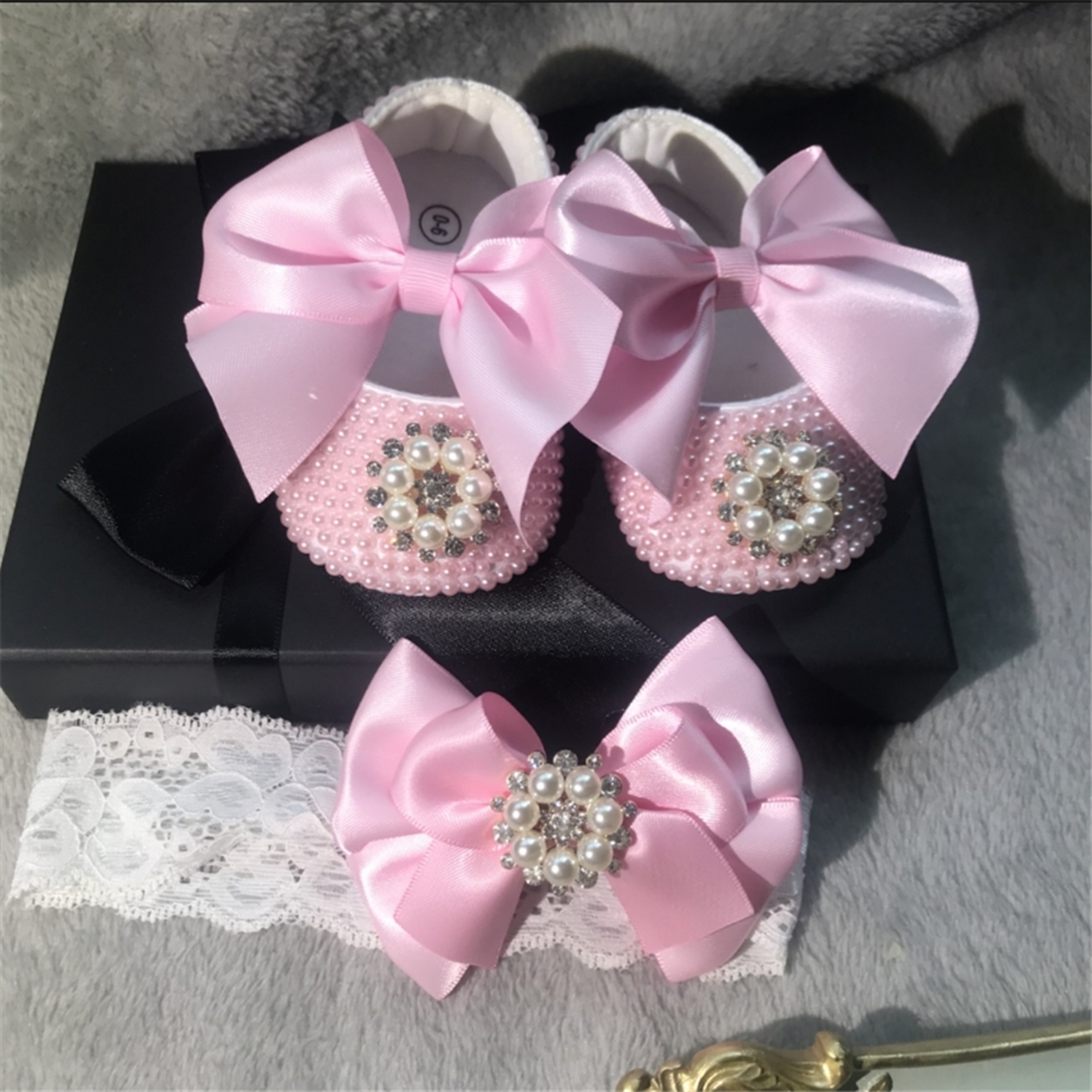 Dollbling Rhinestone Baby Shoes, Handmade White Pearls Bling, Christening Wedding Baptism Shoes – view 20