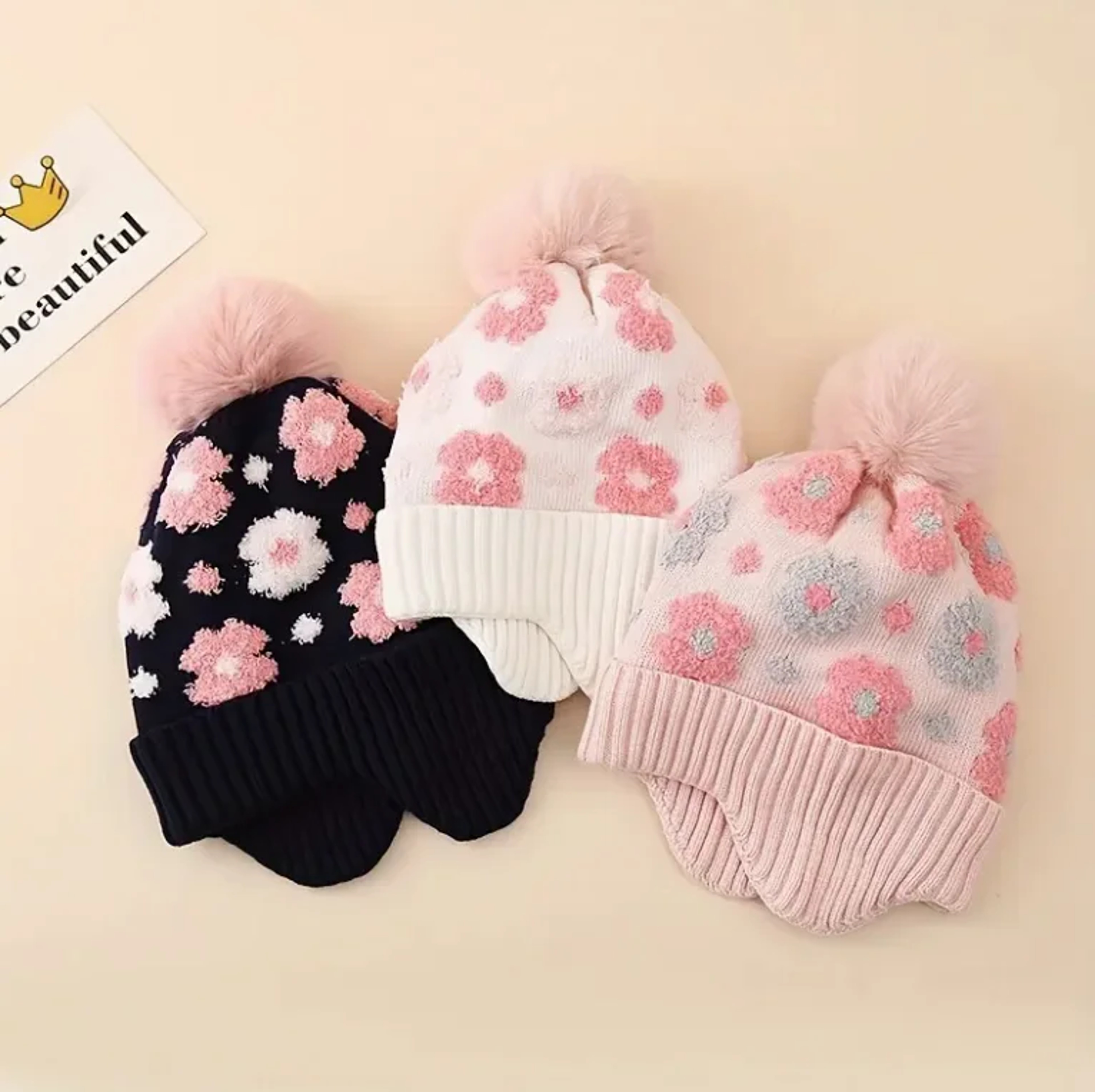 Soft Flower Beanie Girl Floral Hat With Ball Ear Warmers Adjustable Snap Closure Christmas Winter H 0
