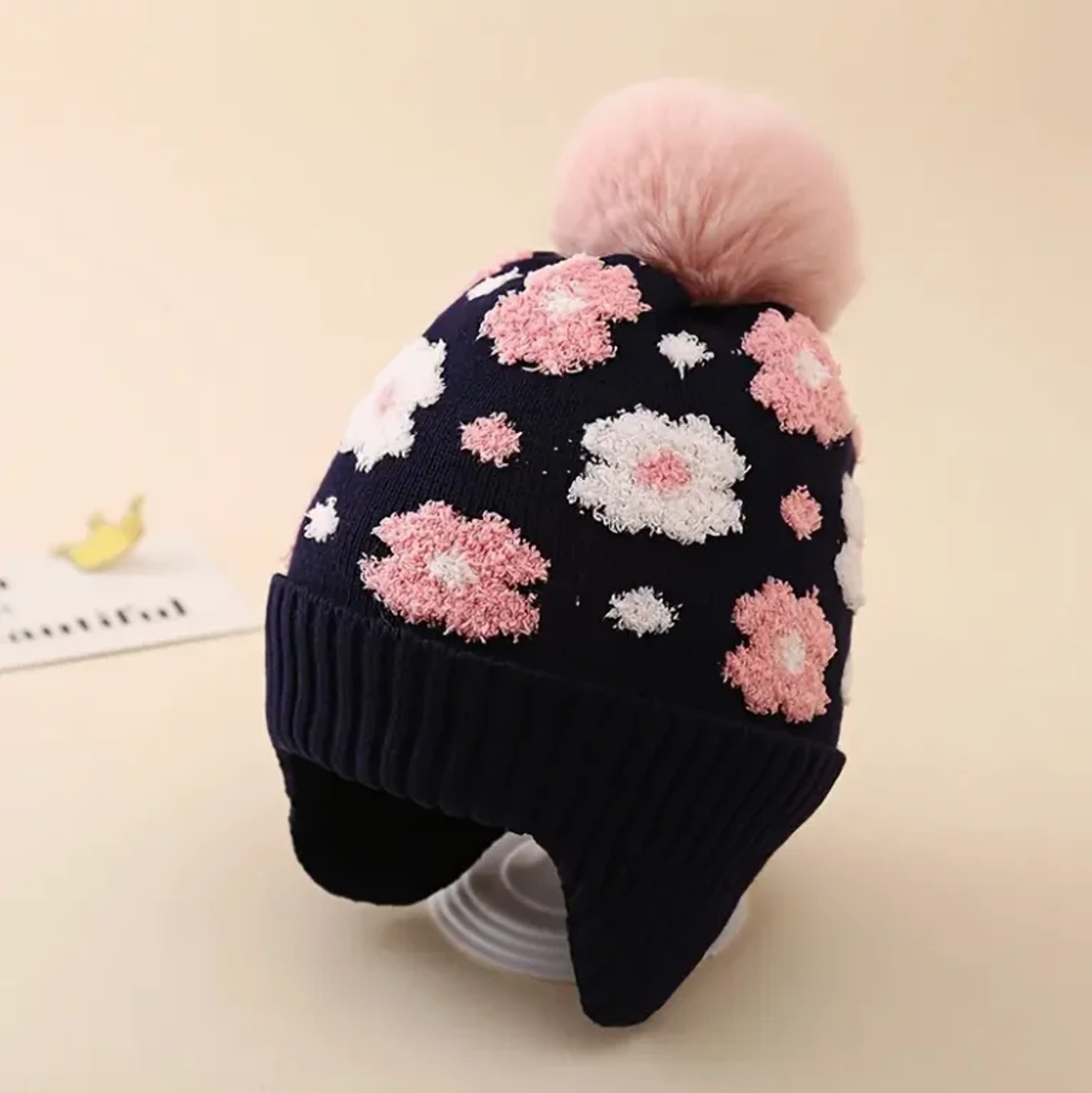 Soft Flower Beanie Girl Floral Hat With Ball Ear Warmers Adjustable Snap Closure Christmas Winter H 7