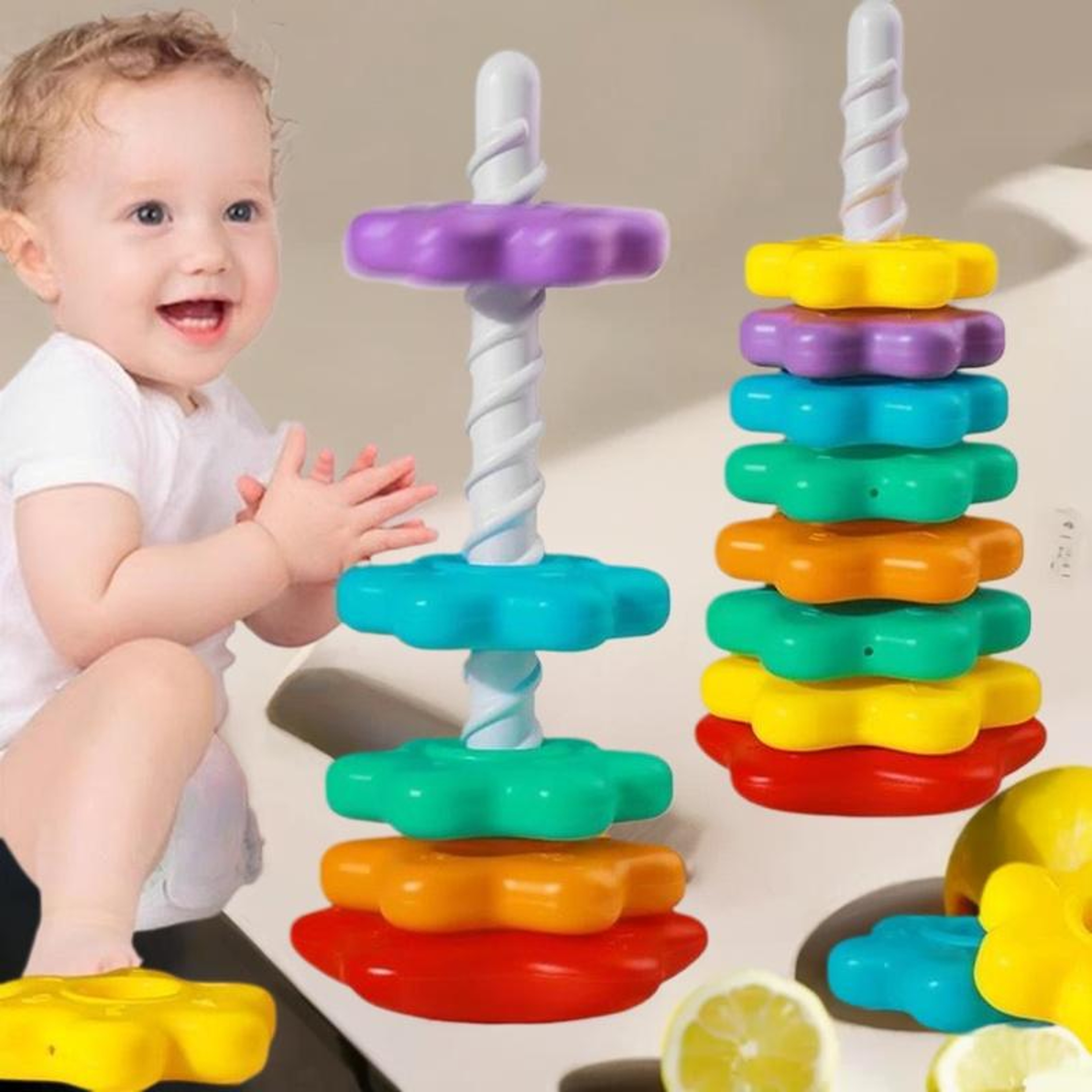 Kids Gift Montessori Baby Tower Game Spinning And Stacking Rainbow Puzzle Motor Skill Development 2