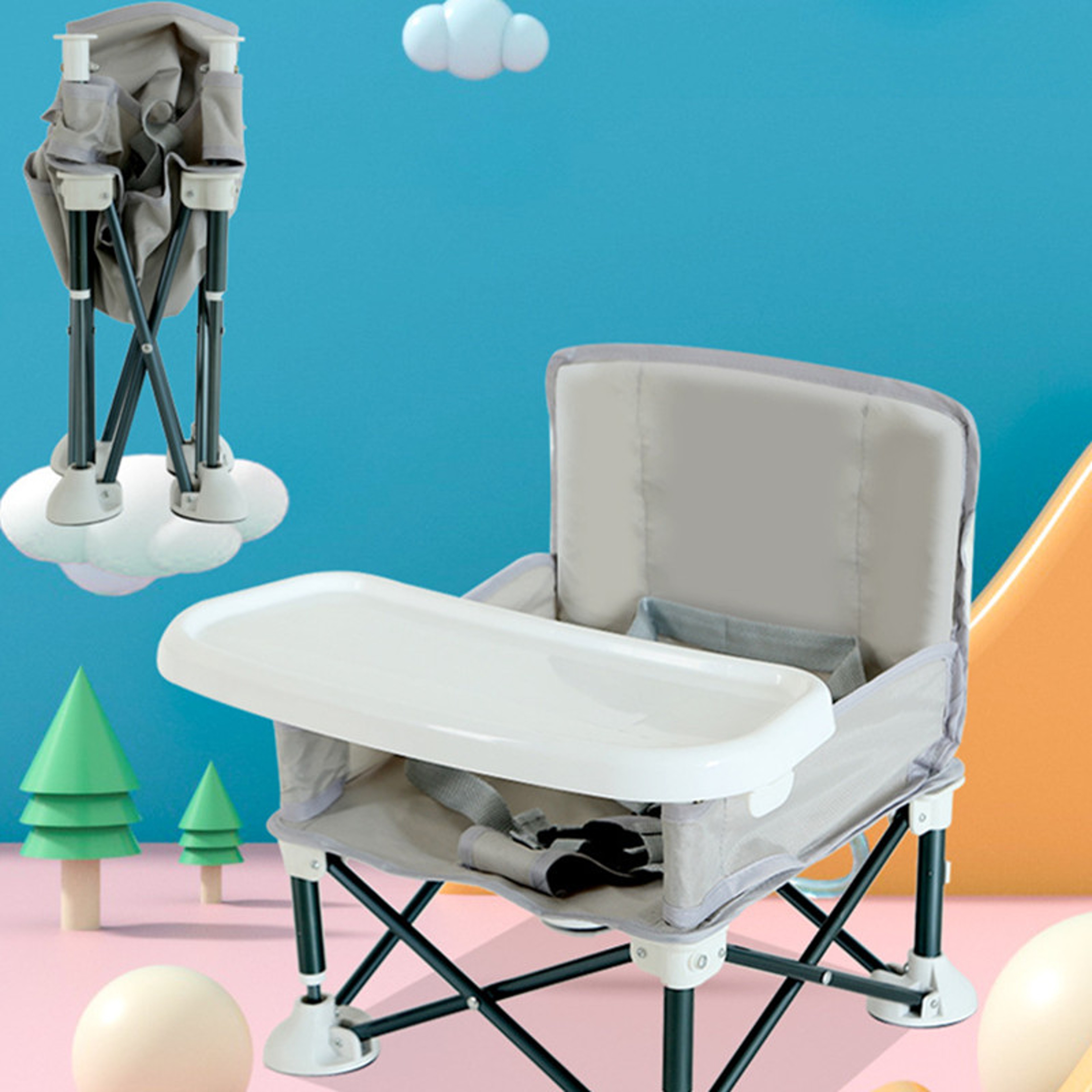 Baby Portable Foldable Dining Chair Child Comfortable Feeding Seat Beach Chair With Plate Seat Belt 1