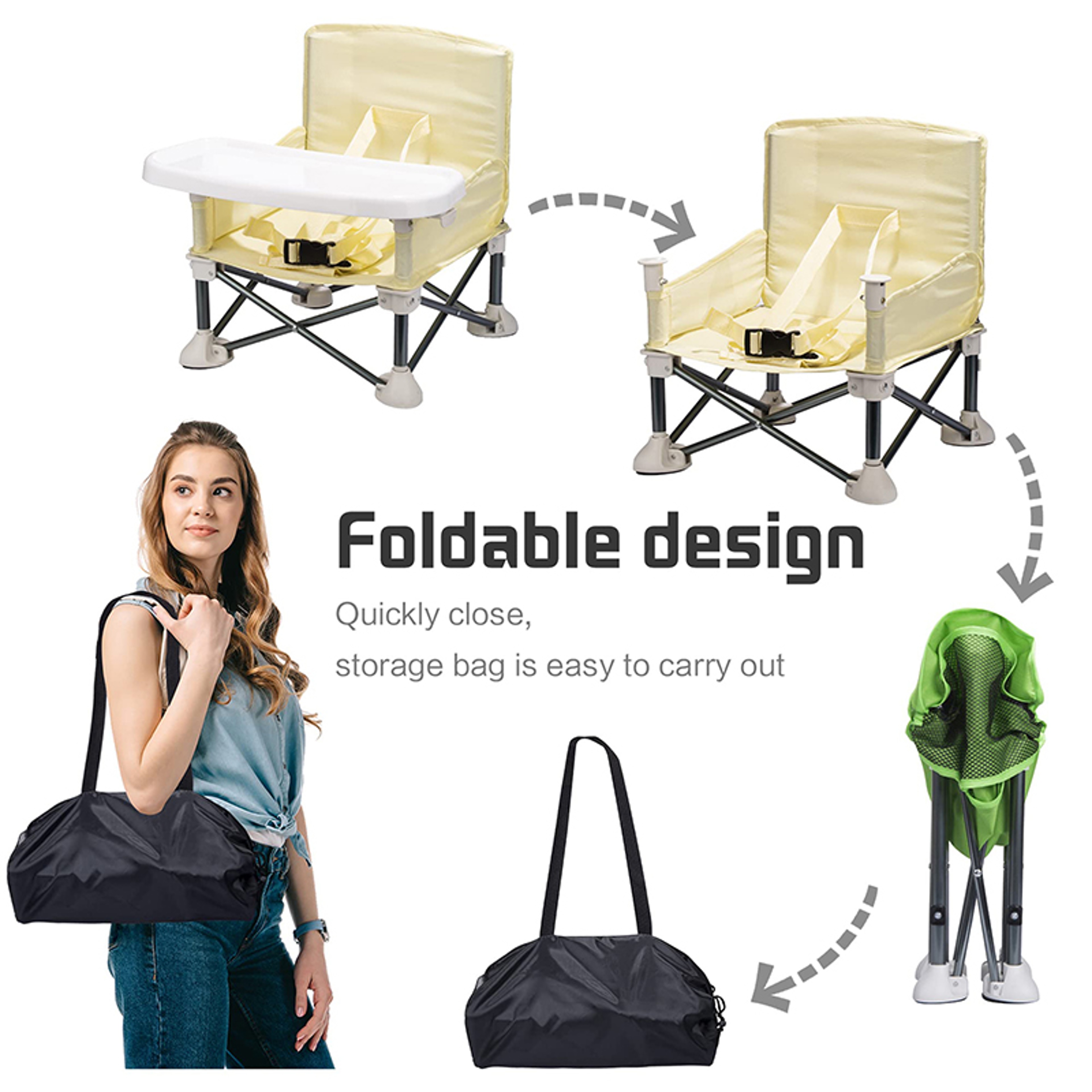 Baby Portable Foldable Dining Chair Child Comfortable Feeding Seat Beach Chair With Plate Seat Belt 3