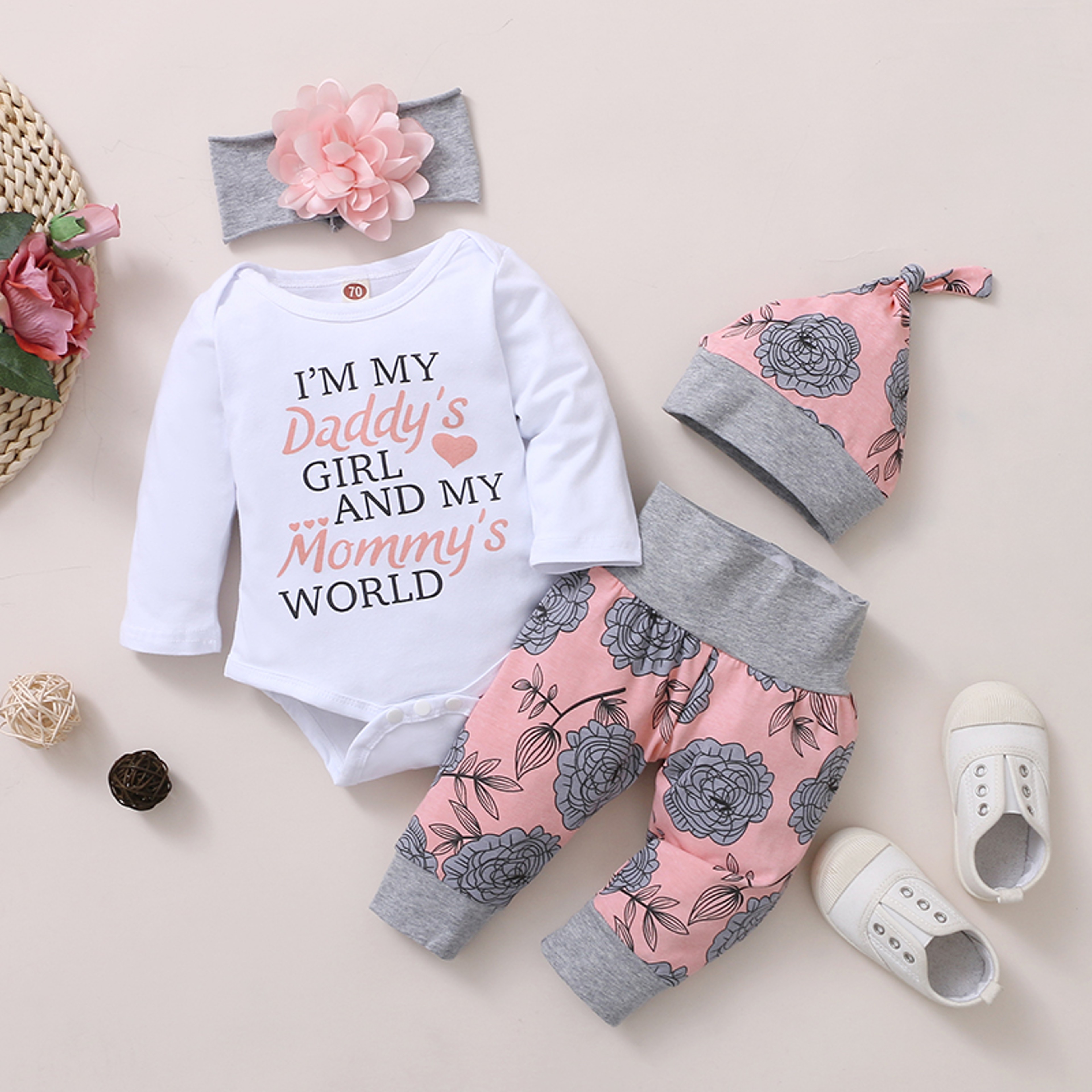 Toddler Girl Clothes, Newborn Baby Girl Clothing, Rose Pant, Hat & Headband, Long Sleeve – view 1