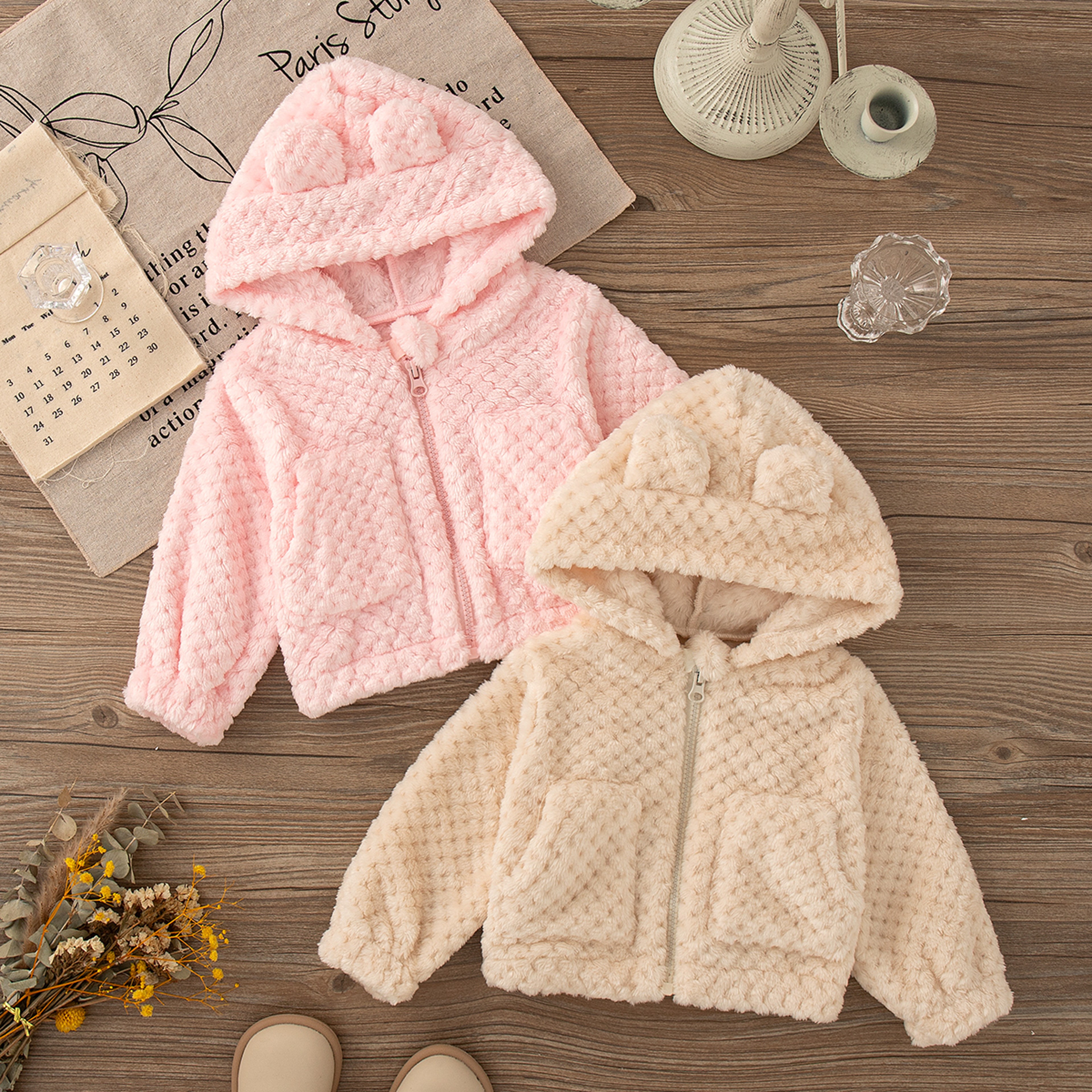 Baby Girl Pink Plush Coat Lovely Zipper Hooded Long Sleeved Jacket Girl Autumn Winter Keep Warm Clo 0